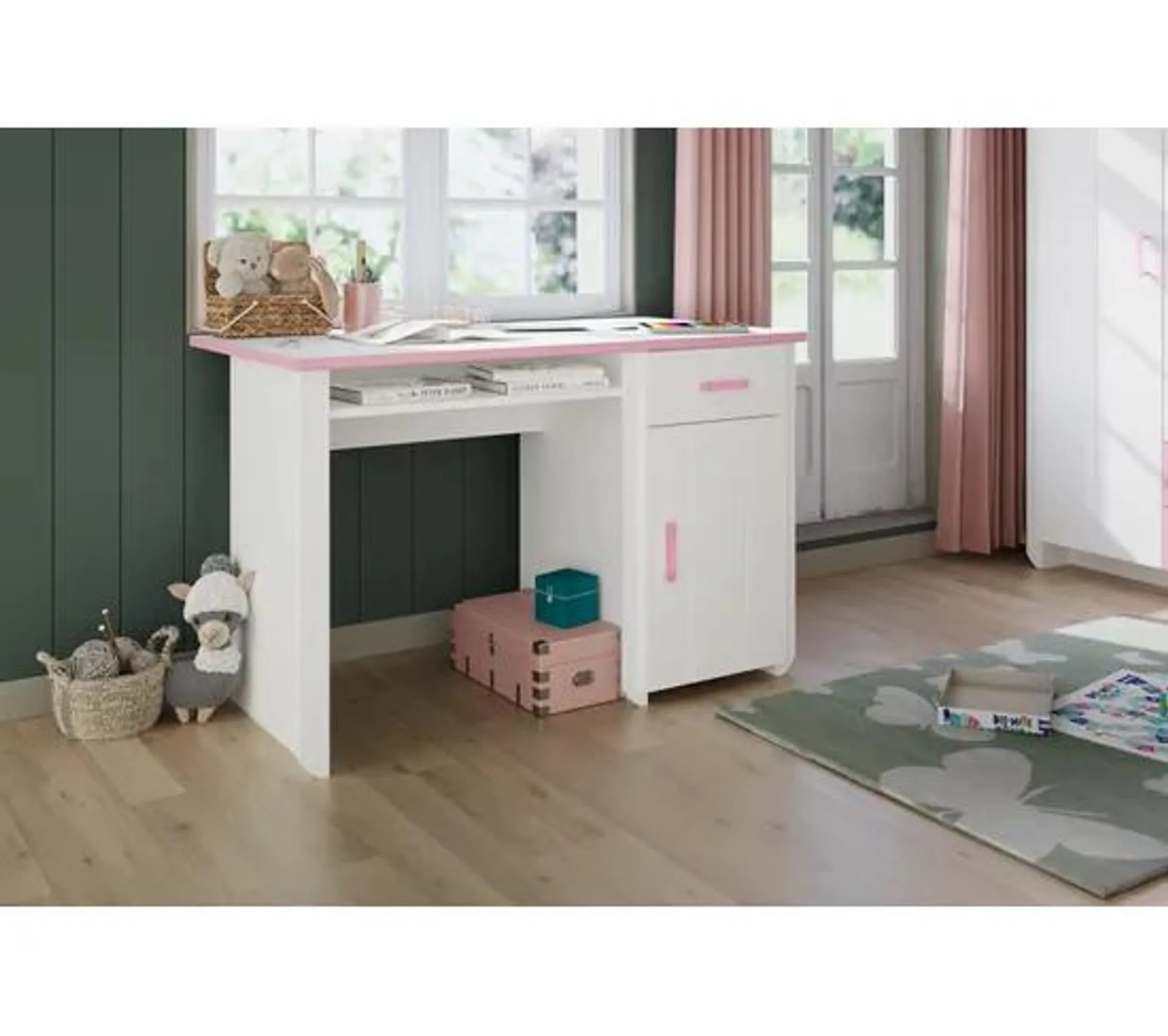 Bureau LOUAN 1 porte 1 tiroir Blanc et rose