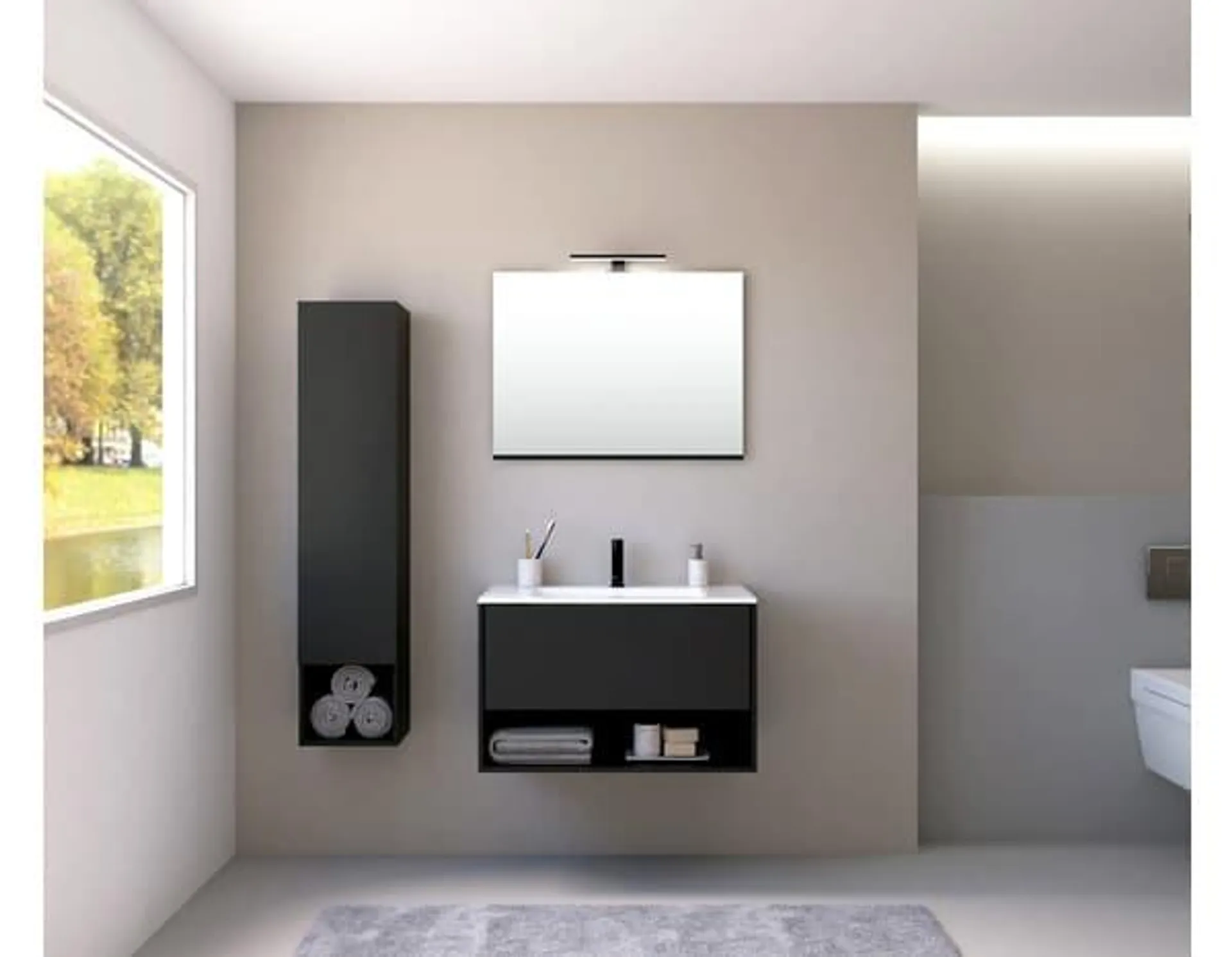 Ensemble meuble, plan vasque et miroir LED noir "LYRA" 80 CM