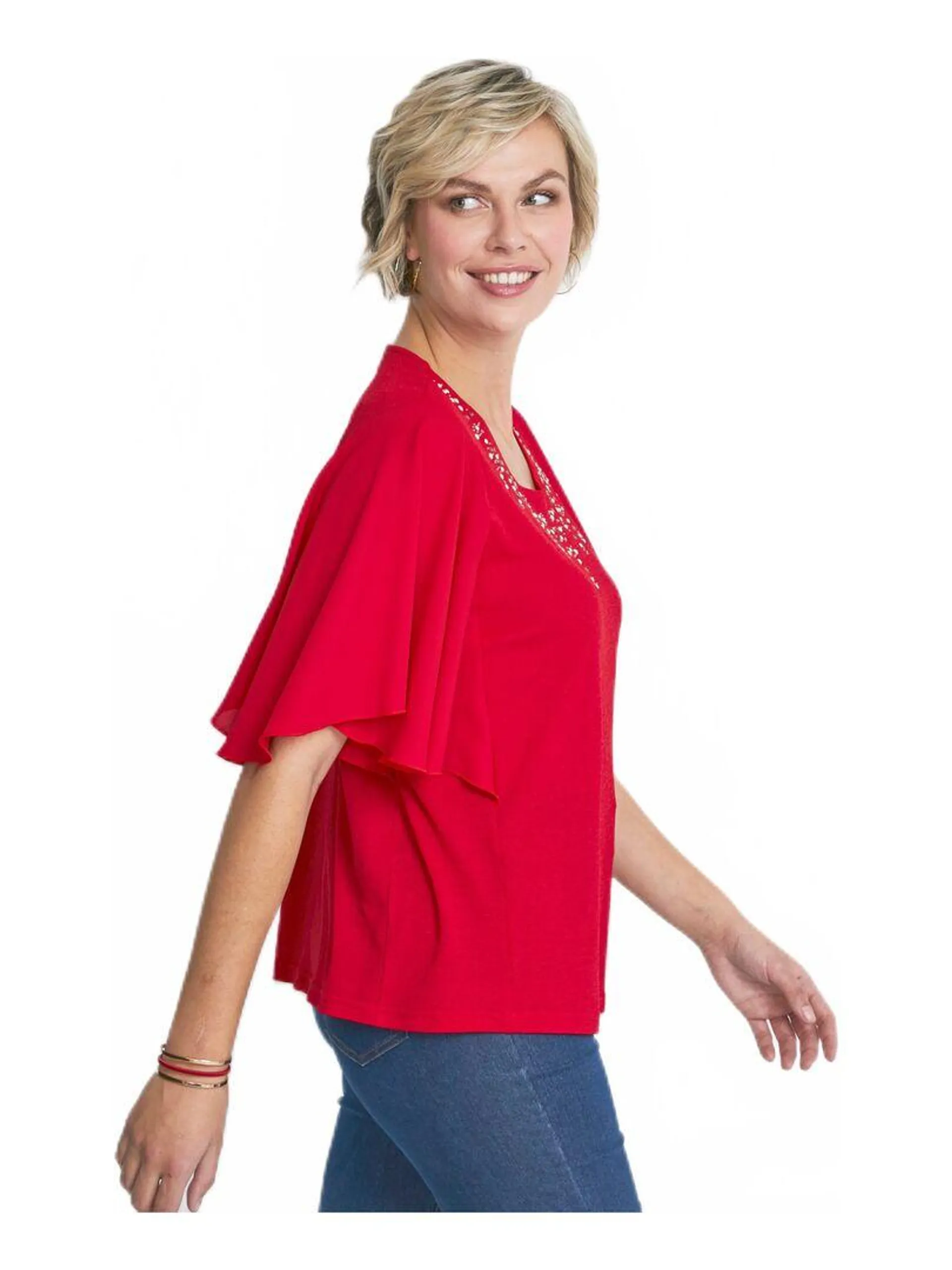 Tee-shirt bi-matière manches 3/4 papillon - Rouge