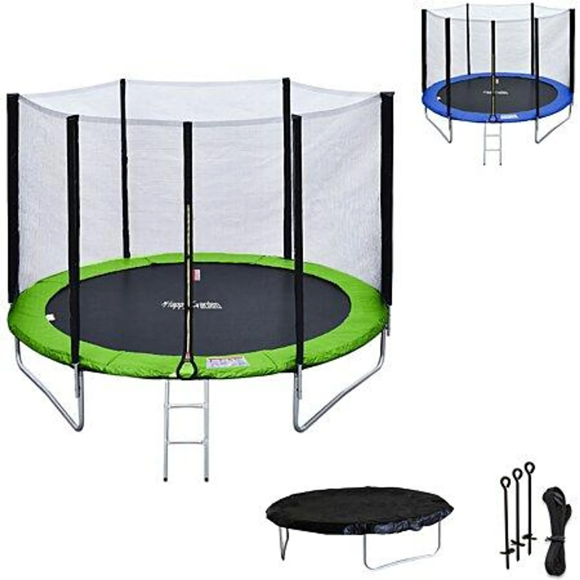 Pack Premium Trampoline 245cm réversible vert / bleu CANBERRA + filet, échelle, bâche et kit d'ancrage