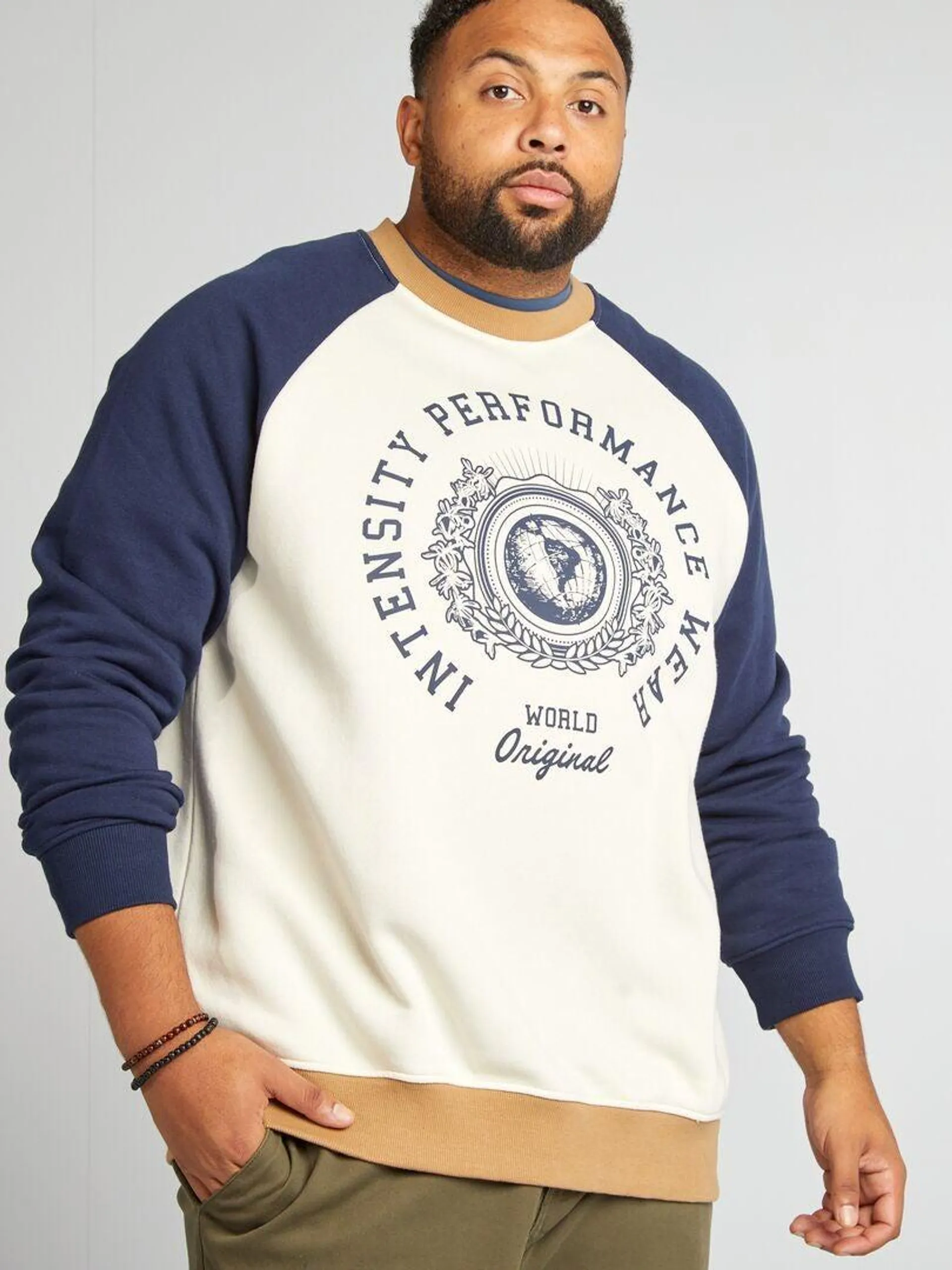 Sweat en molleton style universitaire - Blanc/marine