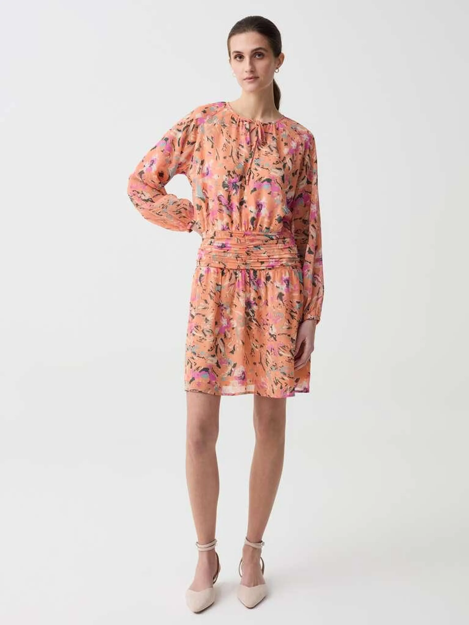 Orange/Pink Short dress in crêpe with floral print