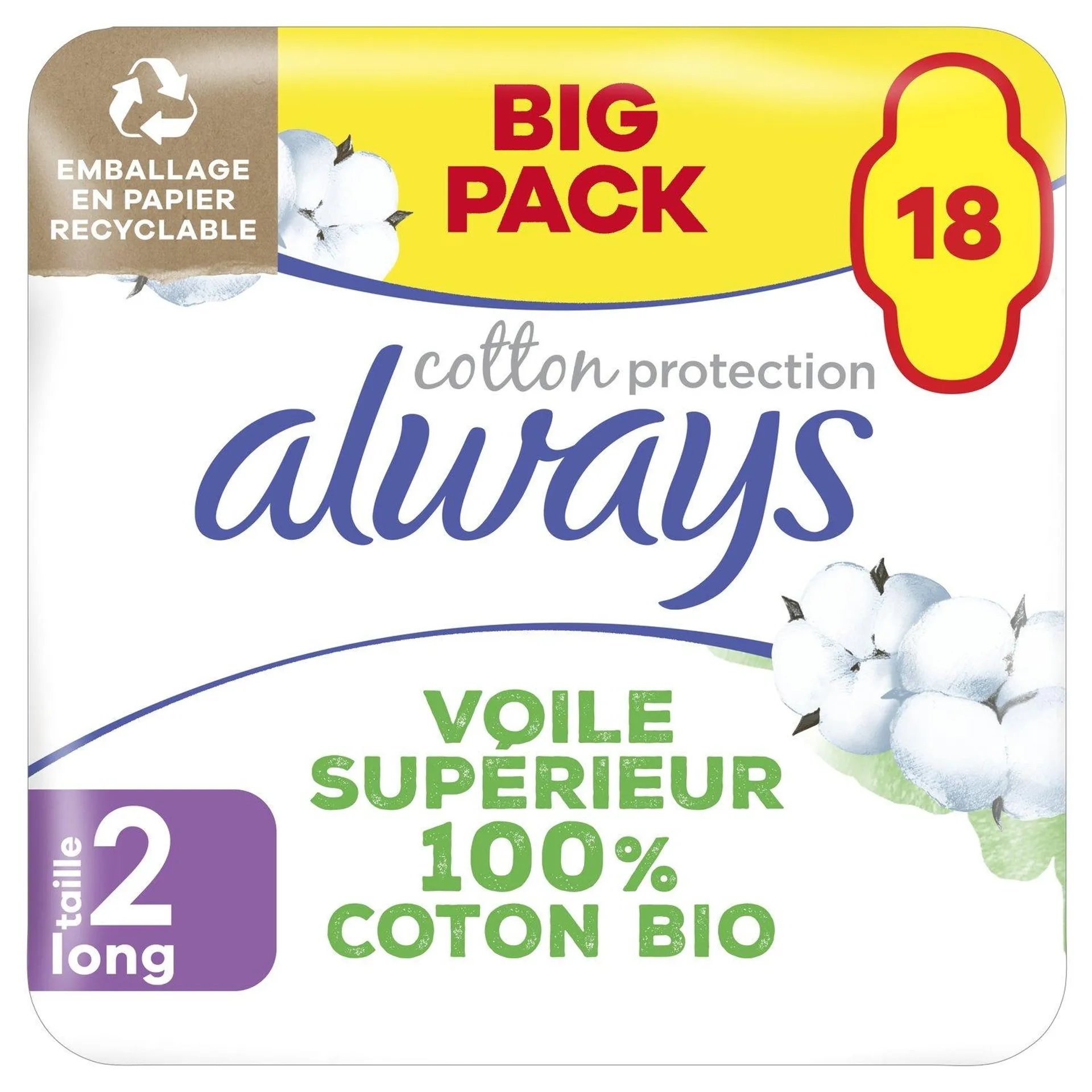 Serviettes Hygiéniques Avec Ailettes 100% Coton Taille 2 Cotton Protection ALWAYS