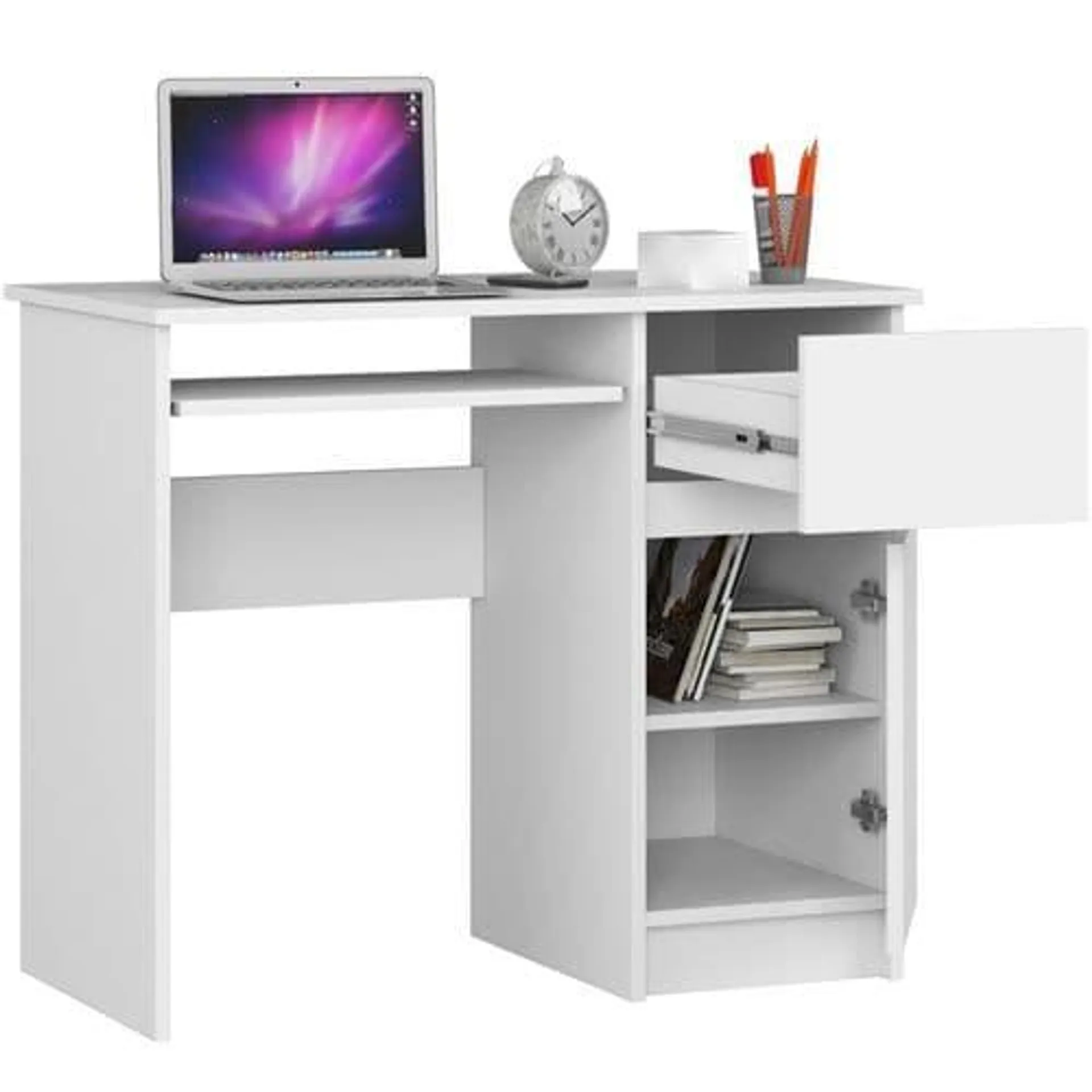 AKORD FURNITURE FACTORY Bureau D'ordinateur Droit Piksel Blanc 90 Cm 1 Porte 1 Tiroir Façade Blanche 3 Étagères