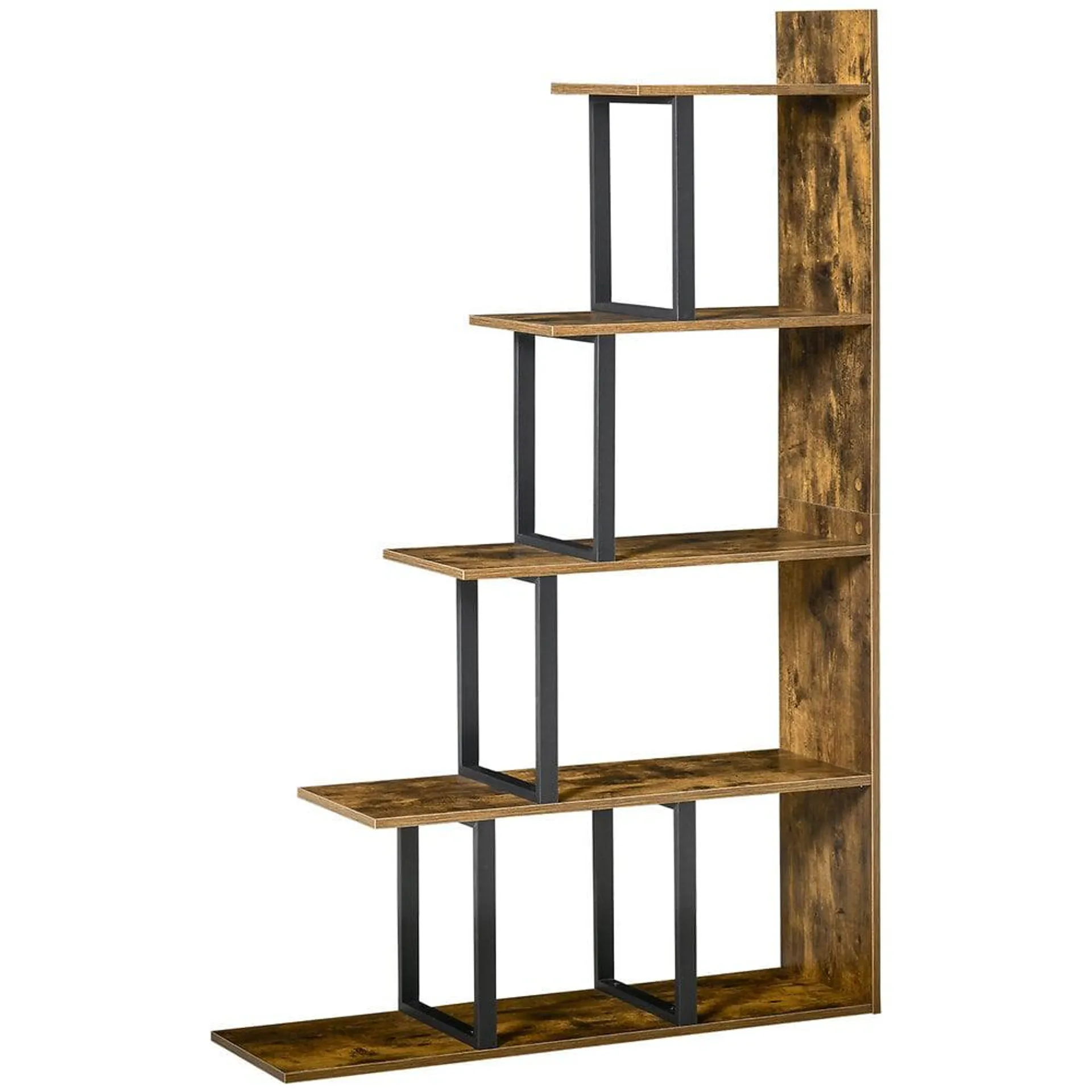 Étagère bibliothèque séparateur de pièce style industriel en escalier 5 étagères dim. 102L x 30l x 160H cm acier noir panneaux particules aspect vieux bois chêne