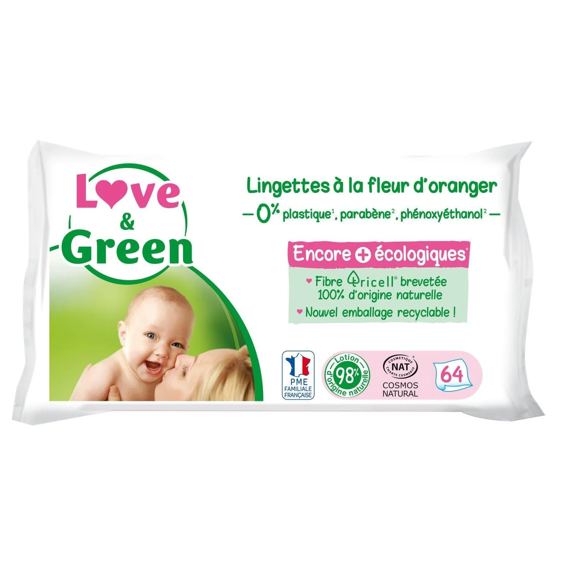 Lingettes Bébé Parfumées à la Fleur d'Oranger en Fibres 100% Naturelles & Biodégradables LOVE & GREEN