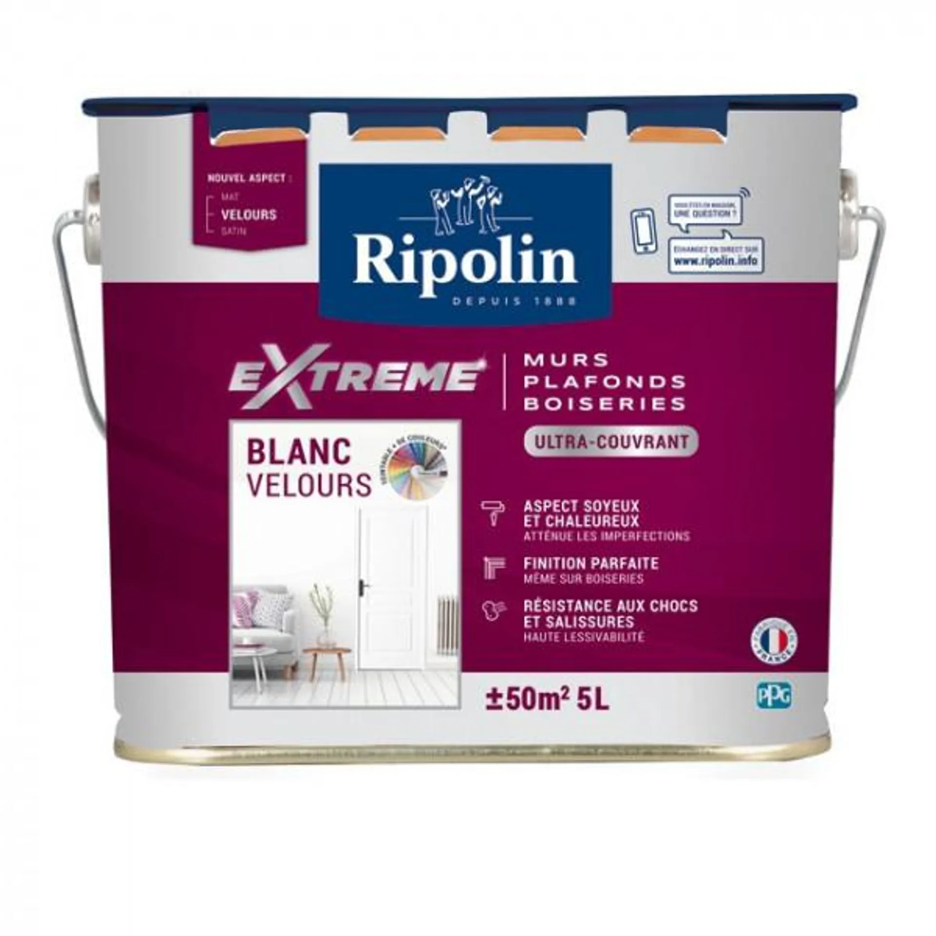 Peinture Ripolin extrême multi-supports murs, plafonds, boiseries et radiateurs blanc velours 5L