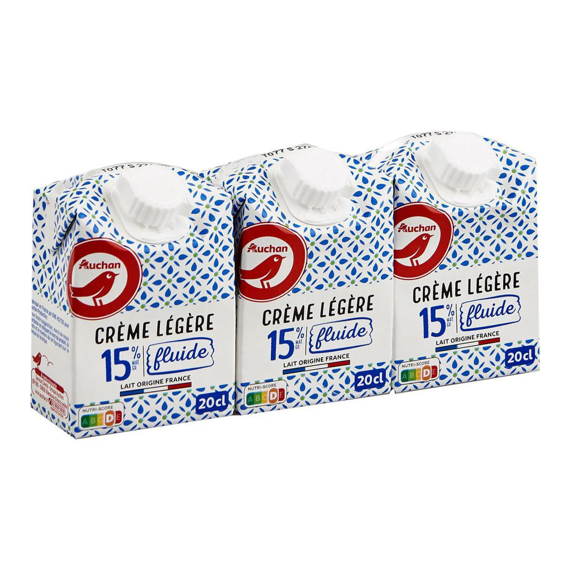 AUCHAN Crème fluide légère 15%MG UHT 3x20cl