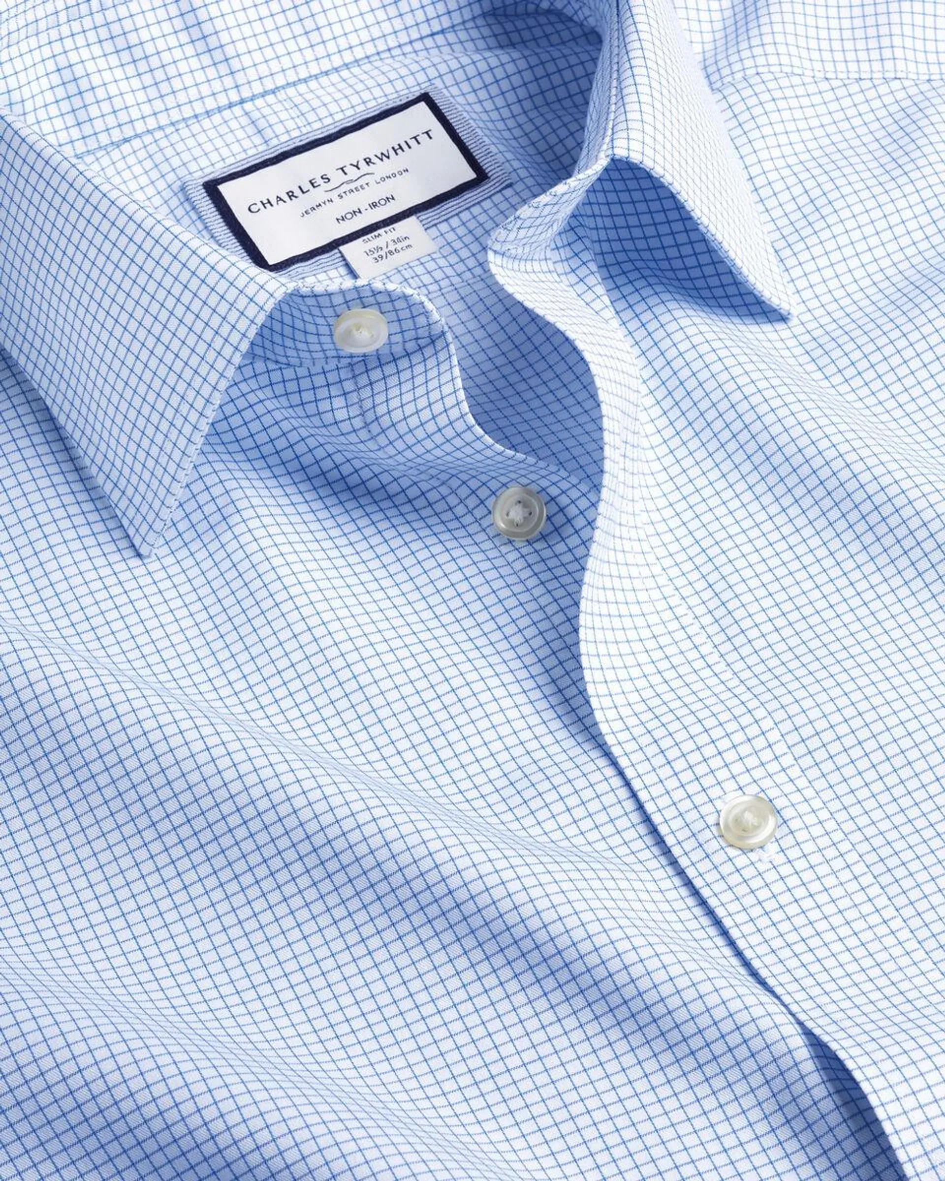 details about product: Non-Iron Twill Mini Grid Check Shirt - Cornflower Blue