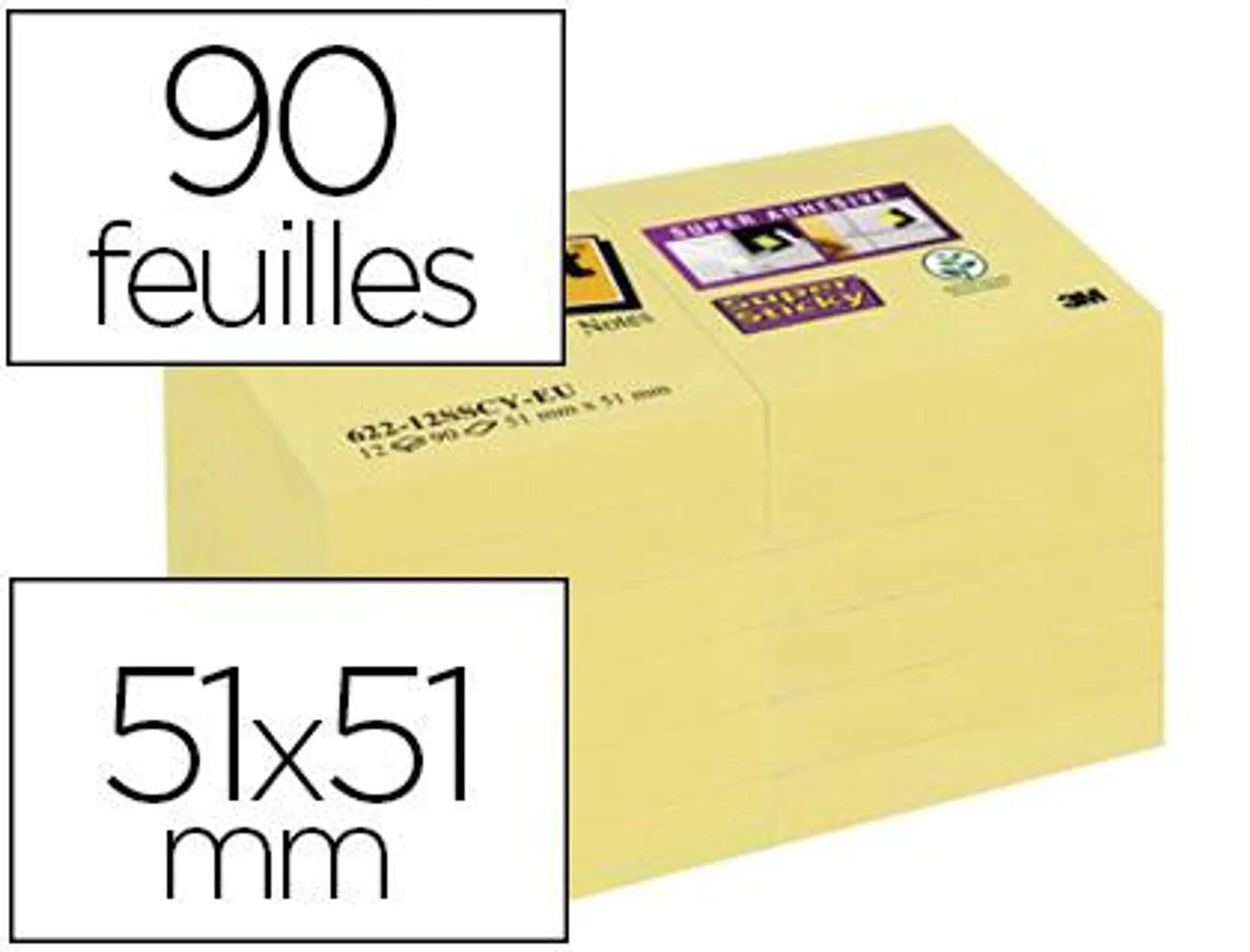 Bloc-notes post-it super sticky 51x51mm 90f repositionnables coloris jaune 622-1255cy