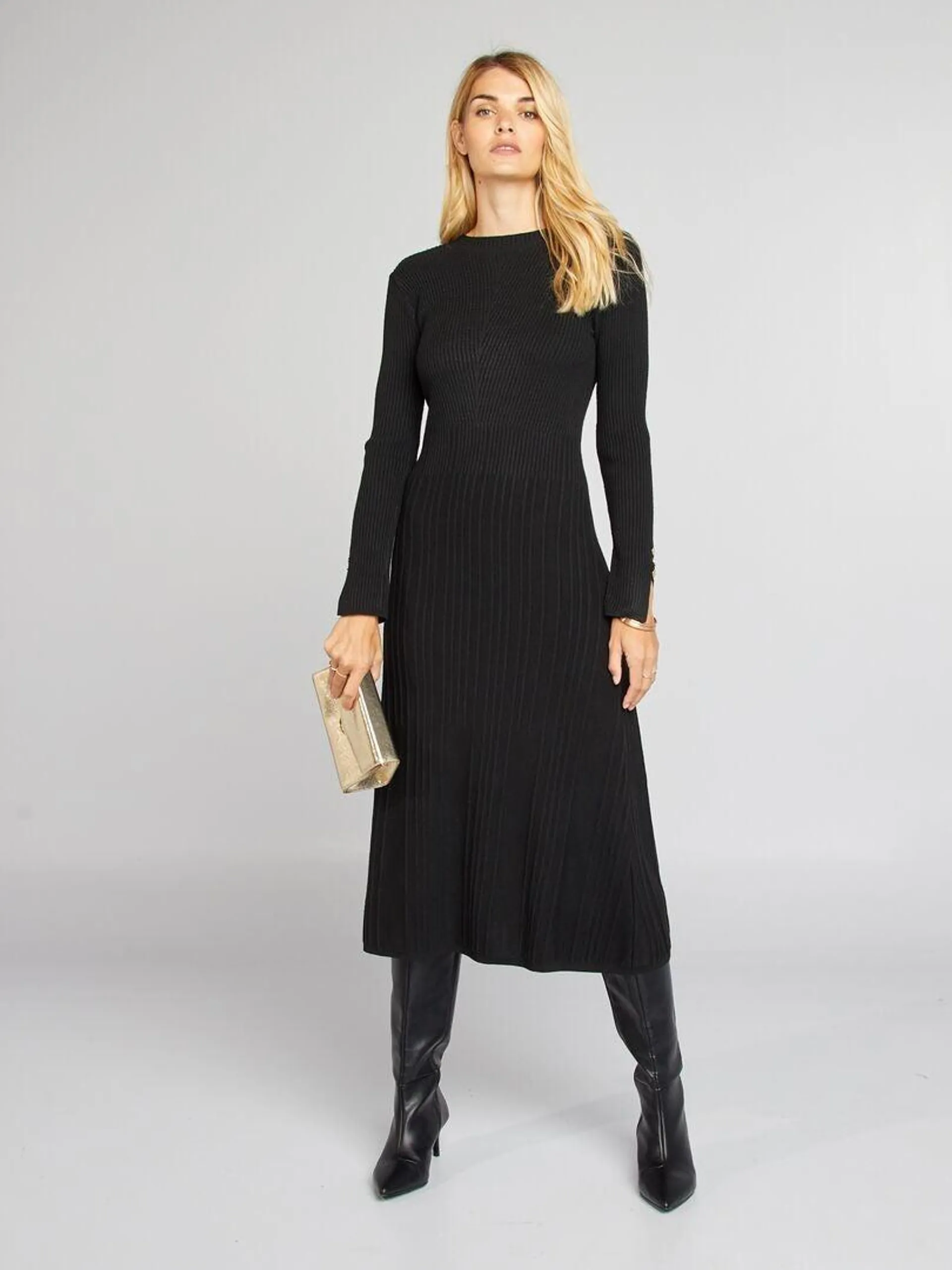 Robe pull midi côtelée - noir