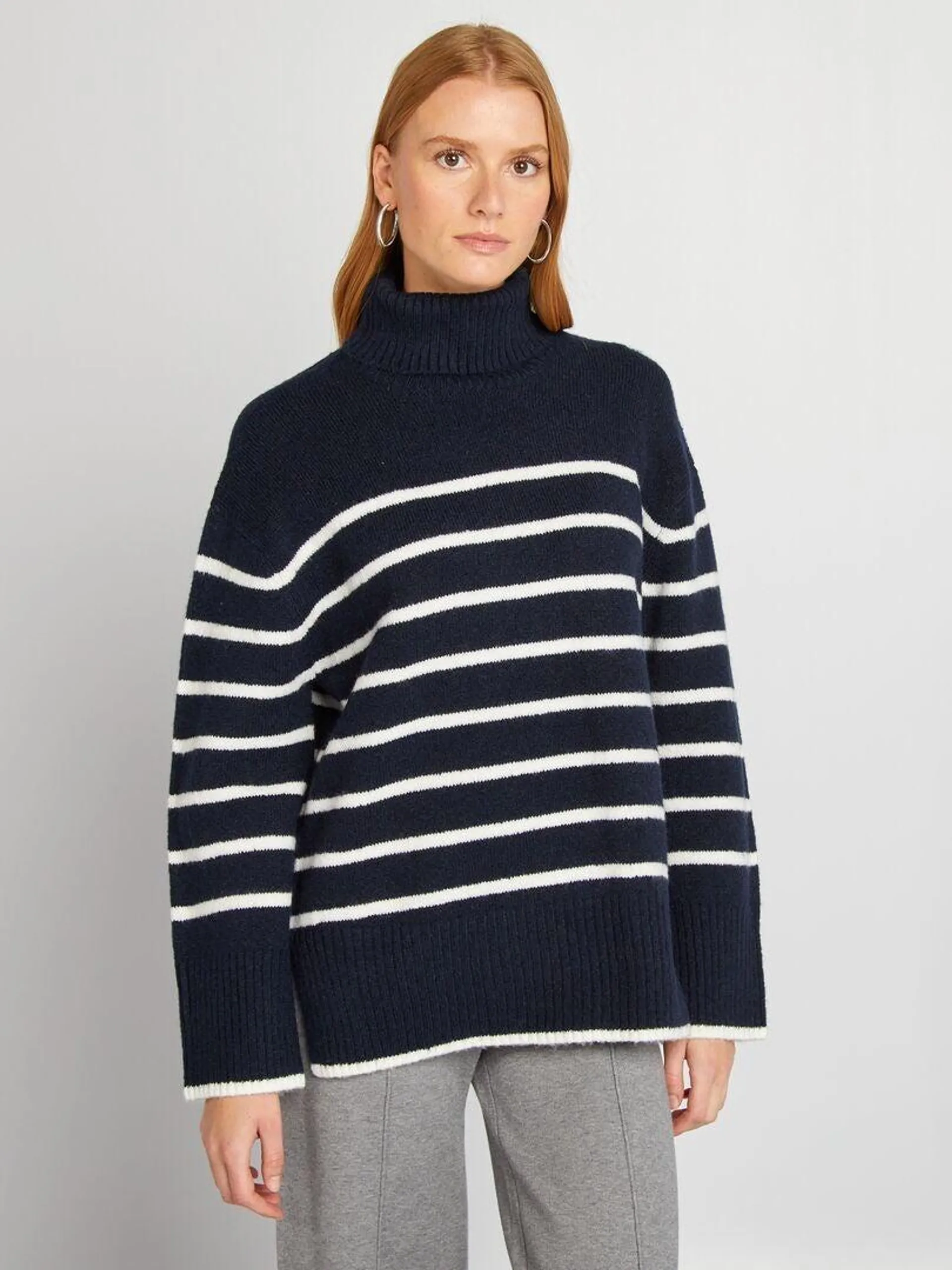 Pull en maille à rayures et col montant - Bleu marine à rayures