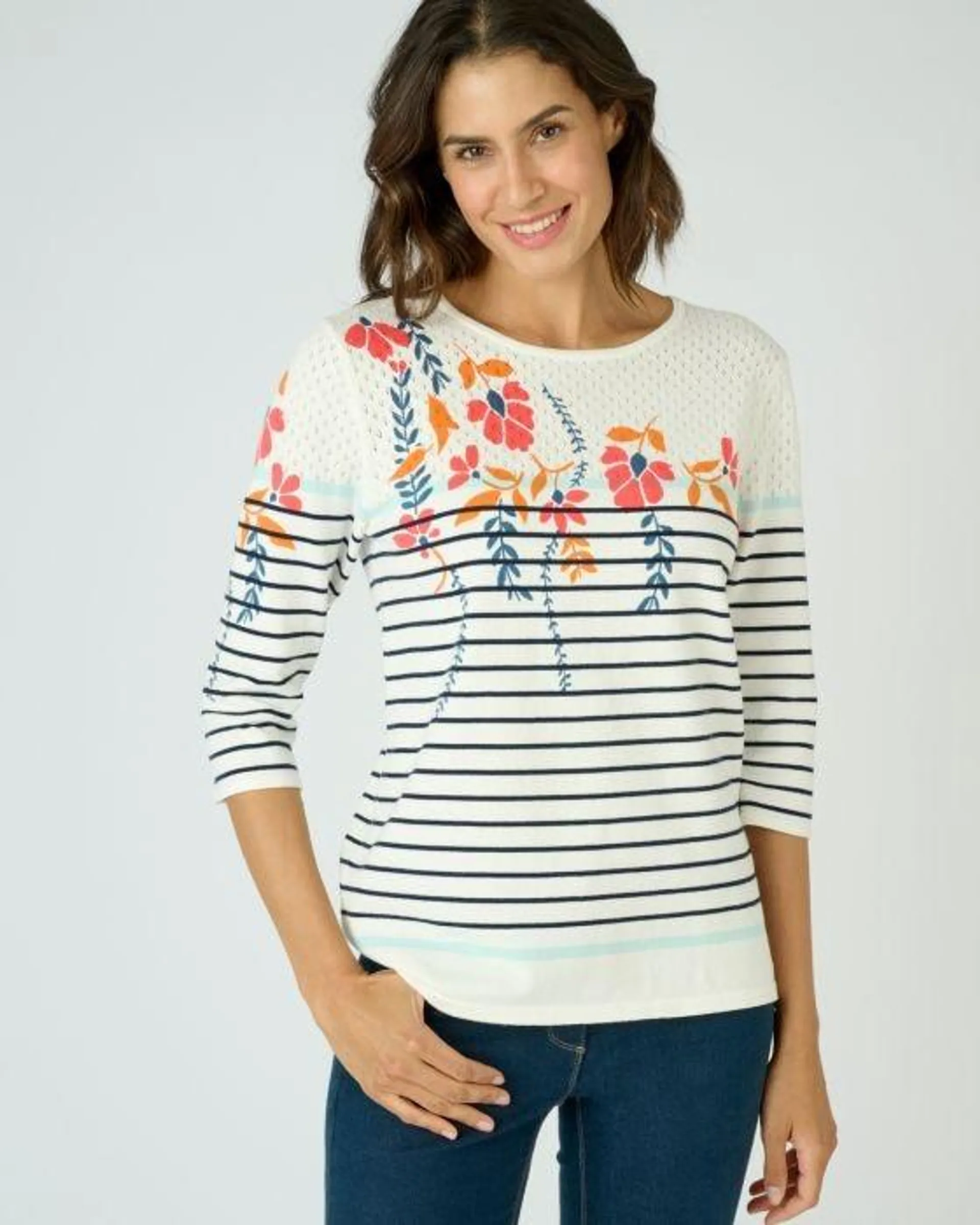 Pull uni et rayé imprimé floral