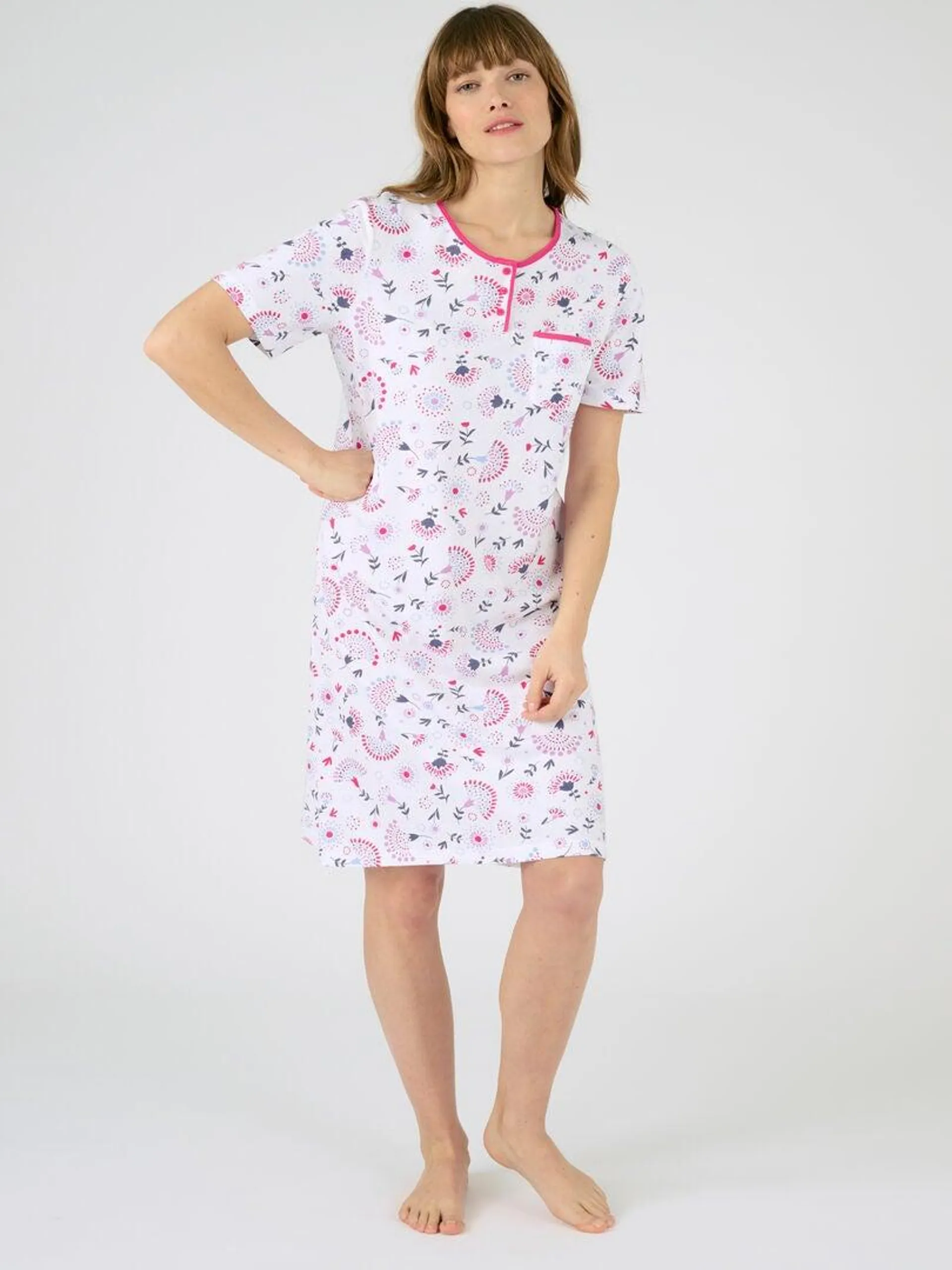 Chemise de nuit maille jersey graphique pur coton peigné - Damart - Rose fushia