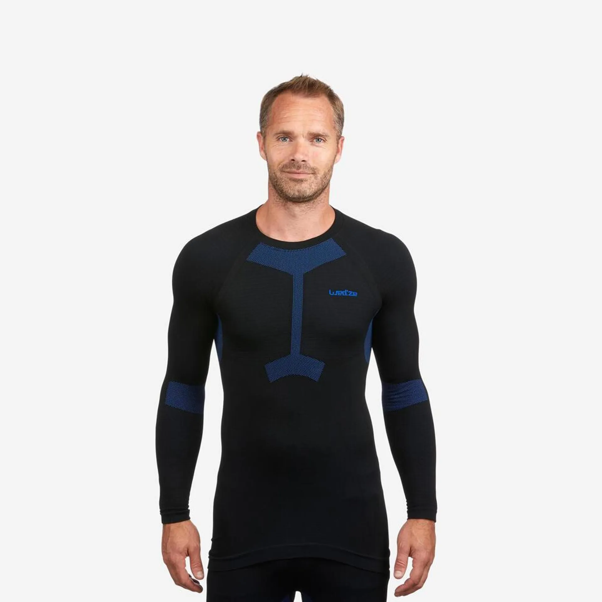 Sous-vêtement de ski chaud et confort homme, 500 soft seamless noir et bleu