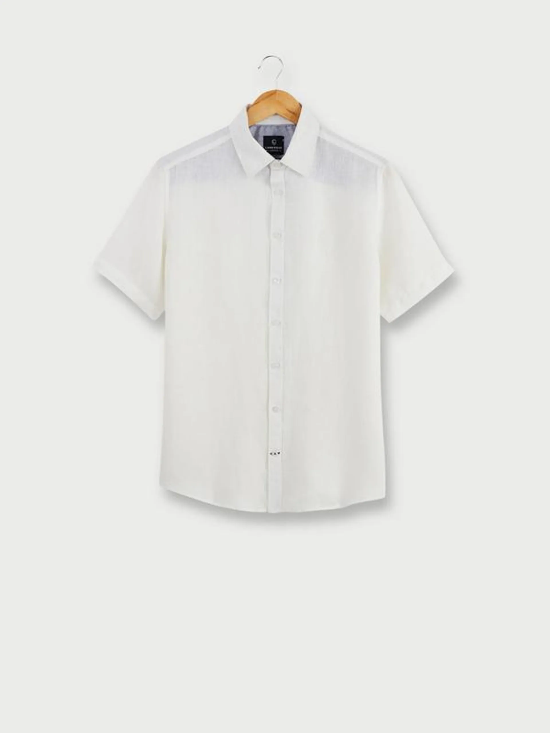 Chemise Manches Courtes En 100% Lin, Logo Brodé, Coupe Droite - Blanc