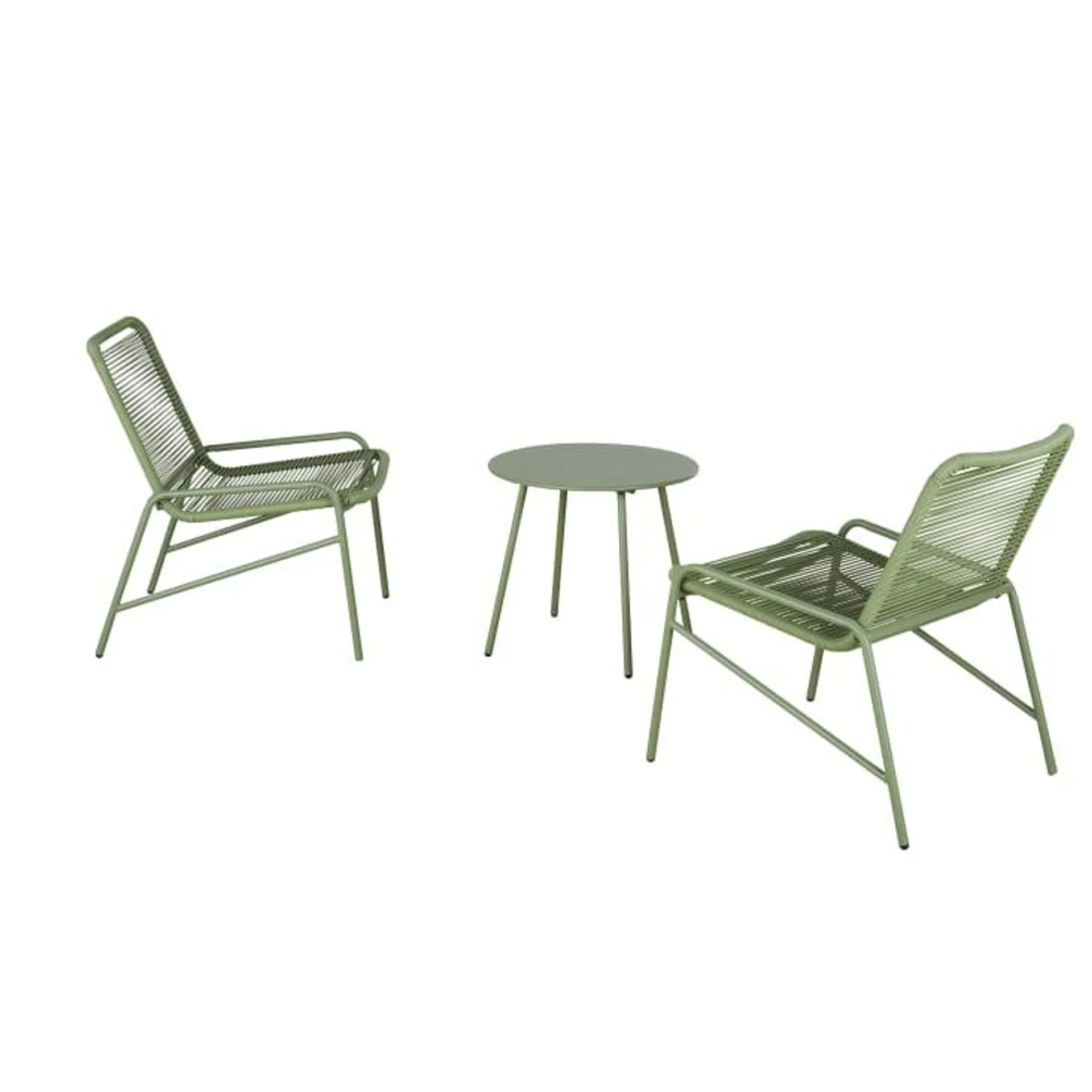 Conjunto de 2 sillones de exterior de resina reciclada y mesa baja de acero verde