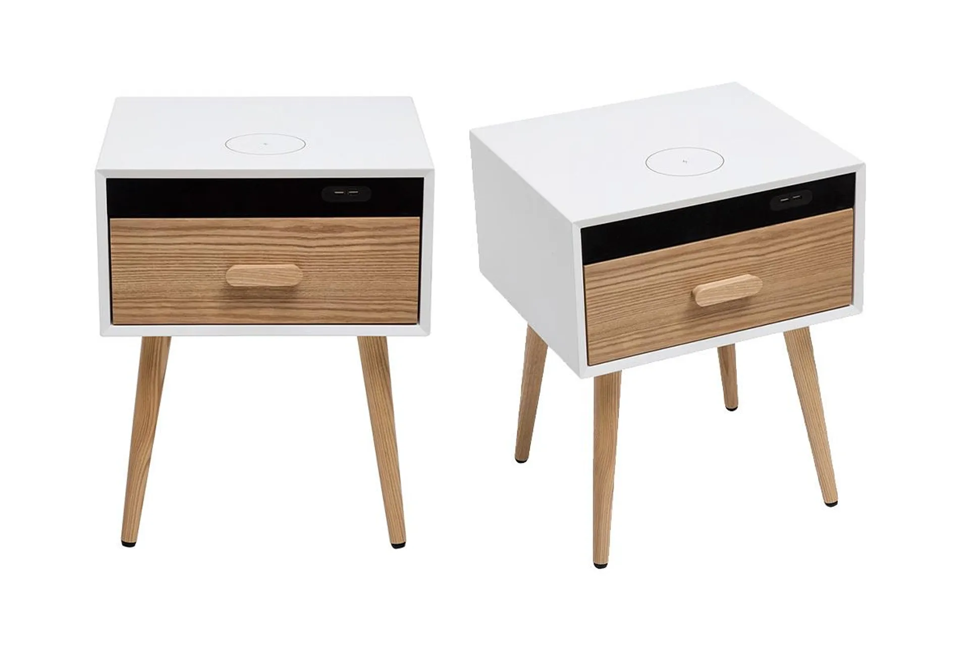 Set de 2 mesillas de noche multimedia de madera clara maciza y blanco mate 40 cm PAVAN