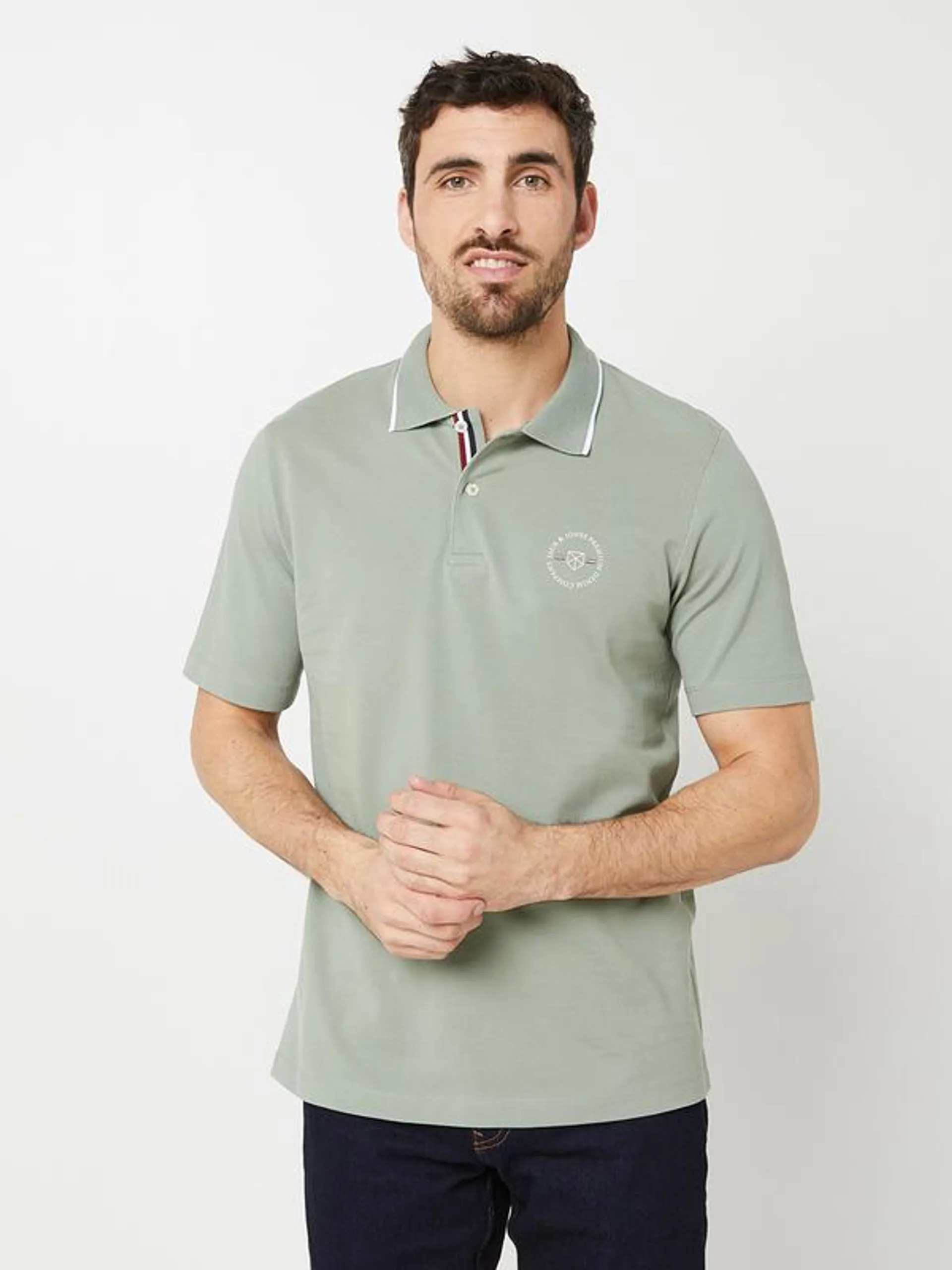 Polo En Piqué De Coton, Col À Rayure Contrastée En Maille Caviar - Vert