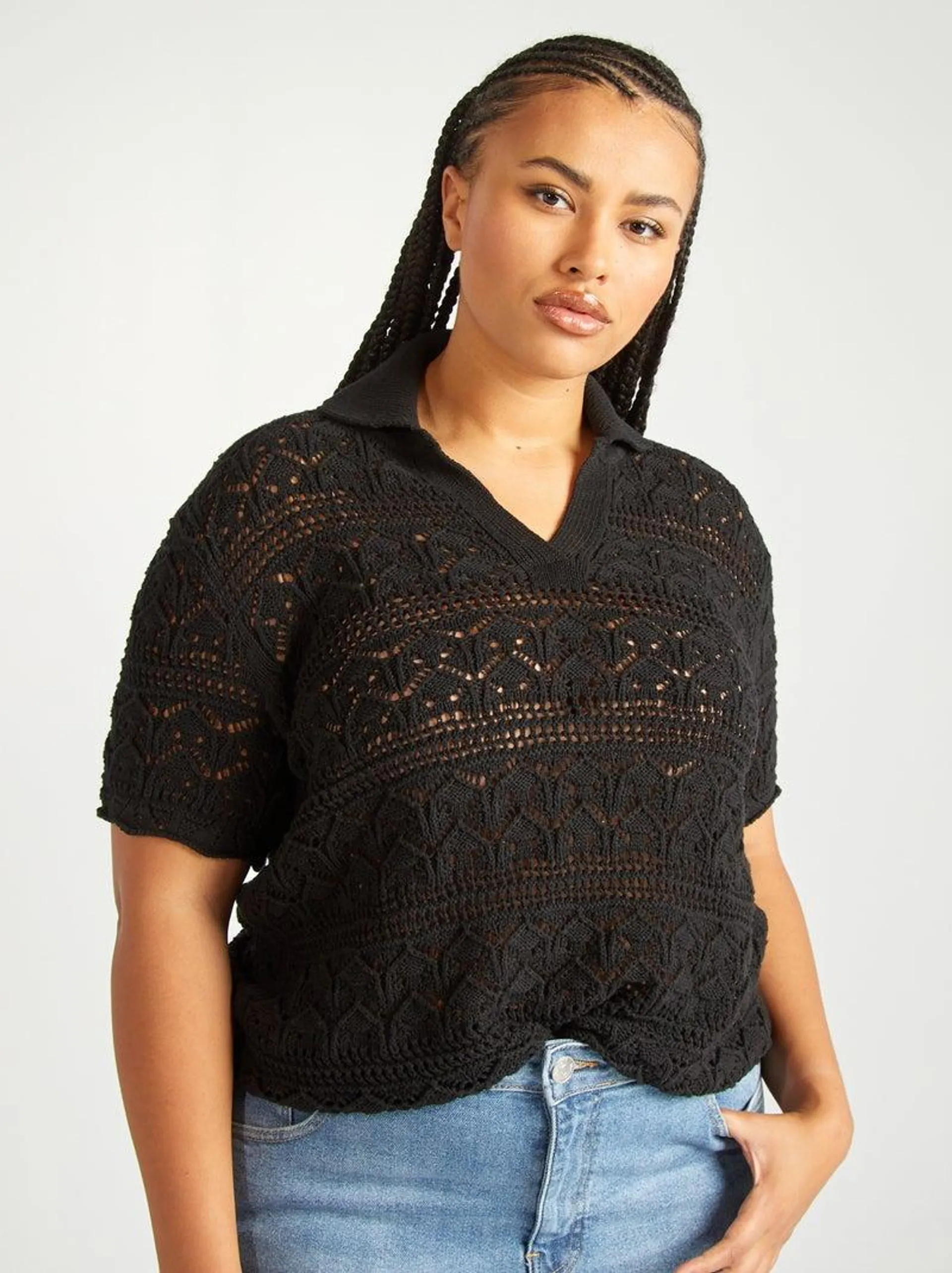 Top en crochet col polo - noir