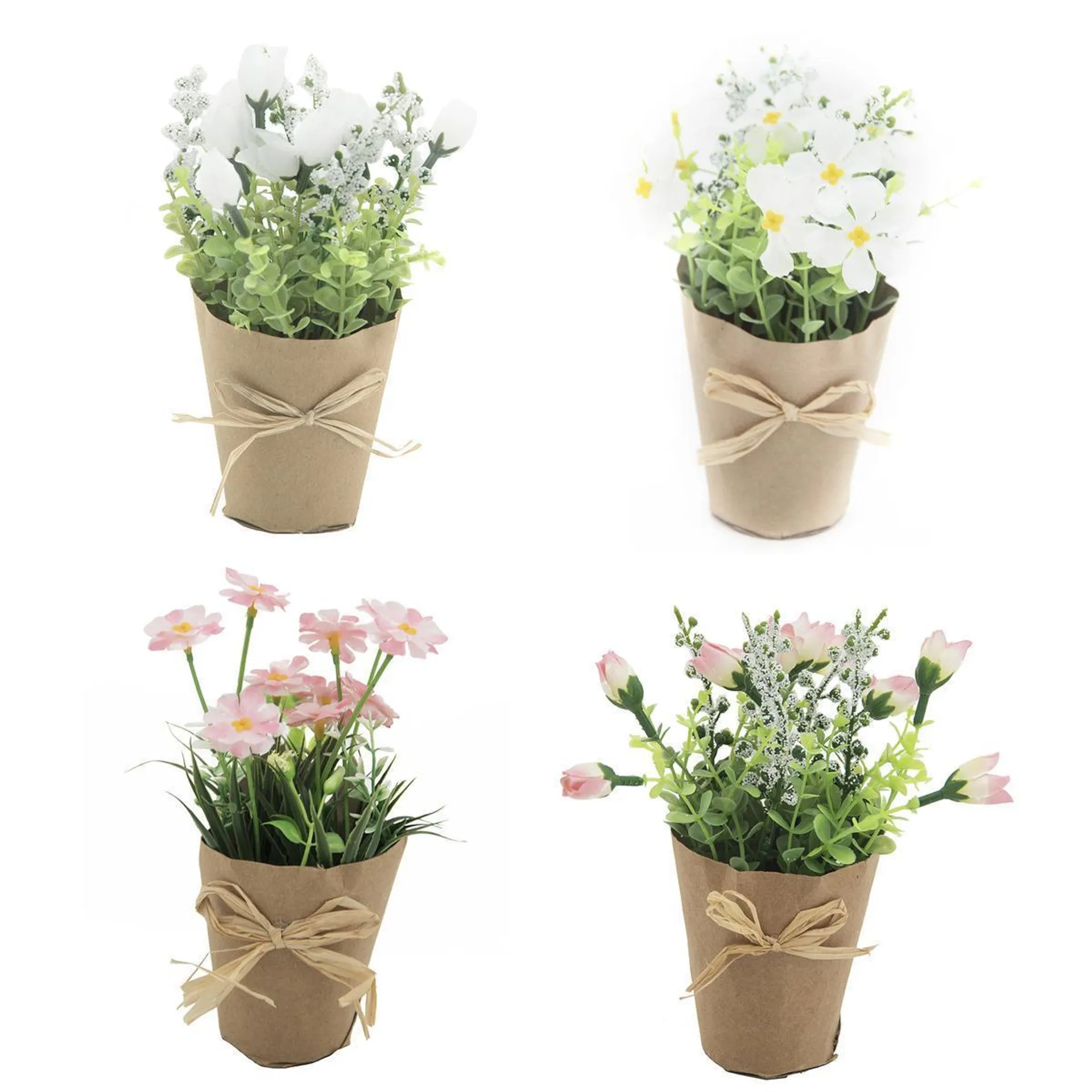 Mini-fleurs en pot kraft - H 17 cm - Blanc, Rose