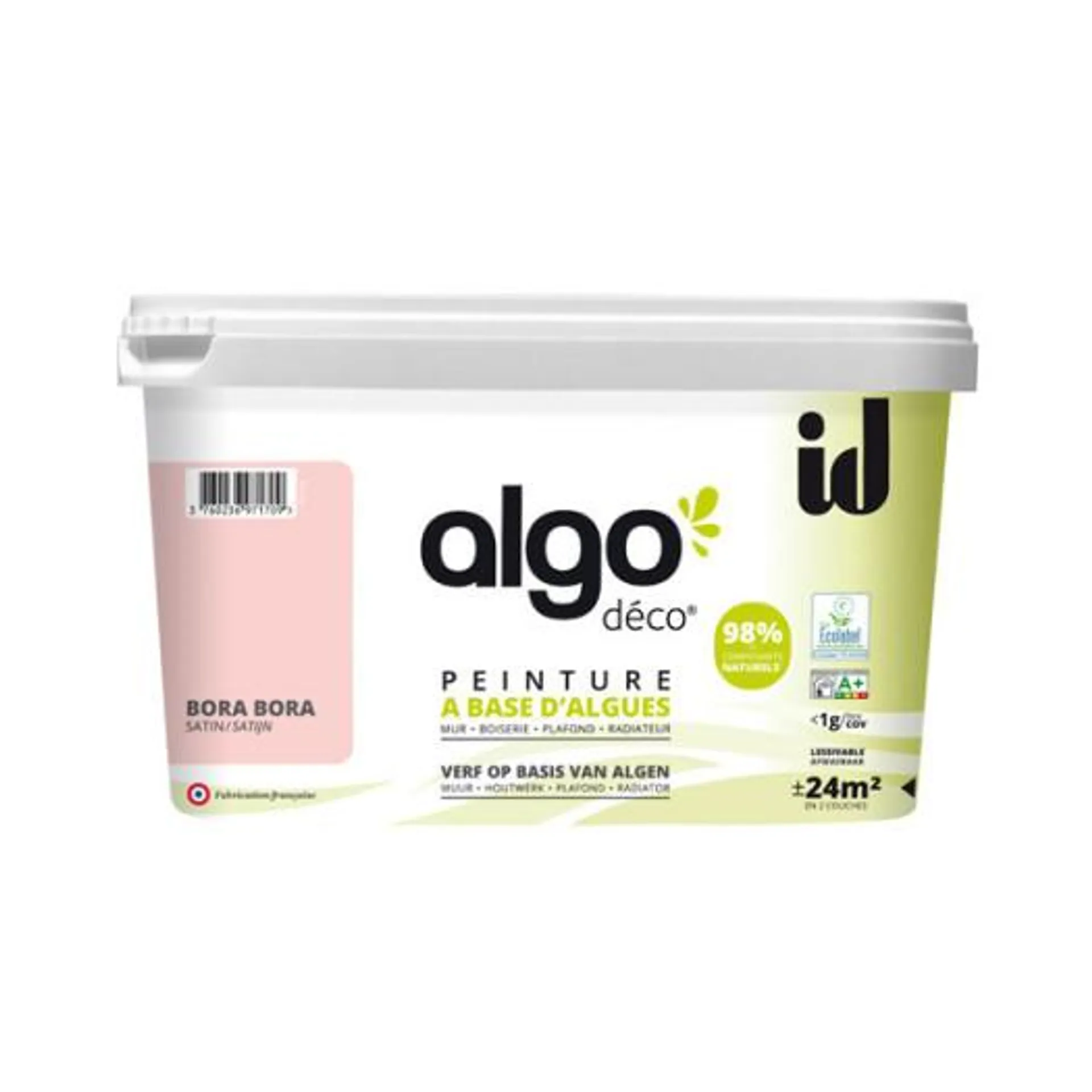 Peinture Algo bio sourcée multi-supports murs, plafonds et boiseries rose bora bora satin 2L