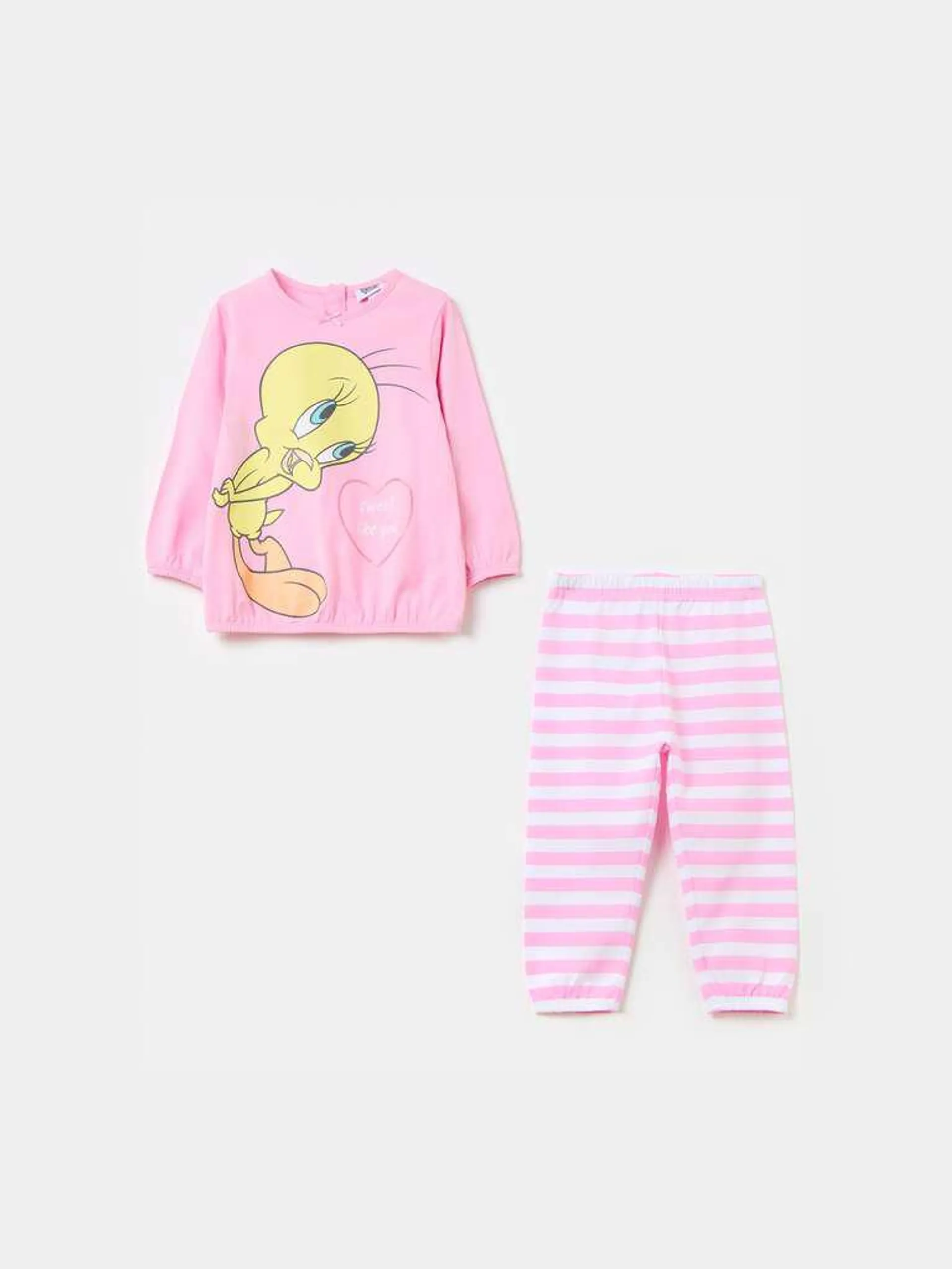 Pijama de algodón orgánico con estampado Piolín Blanco/rosa