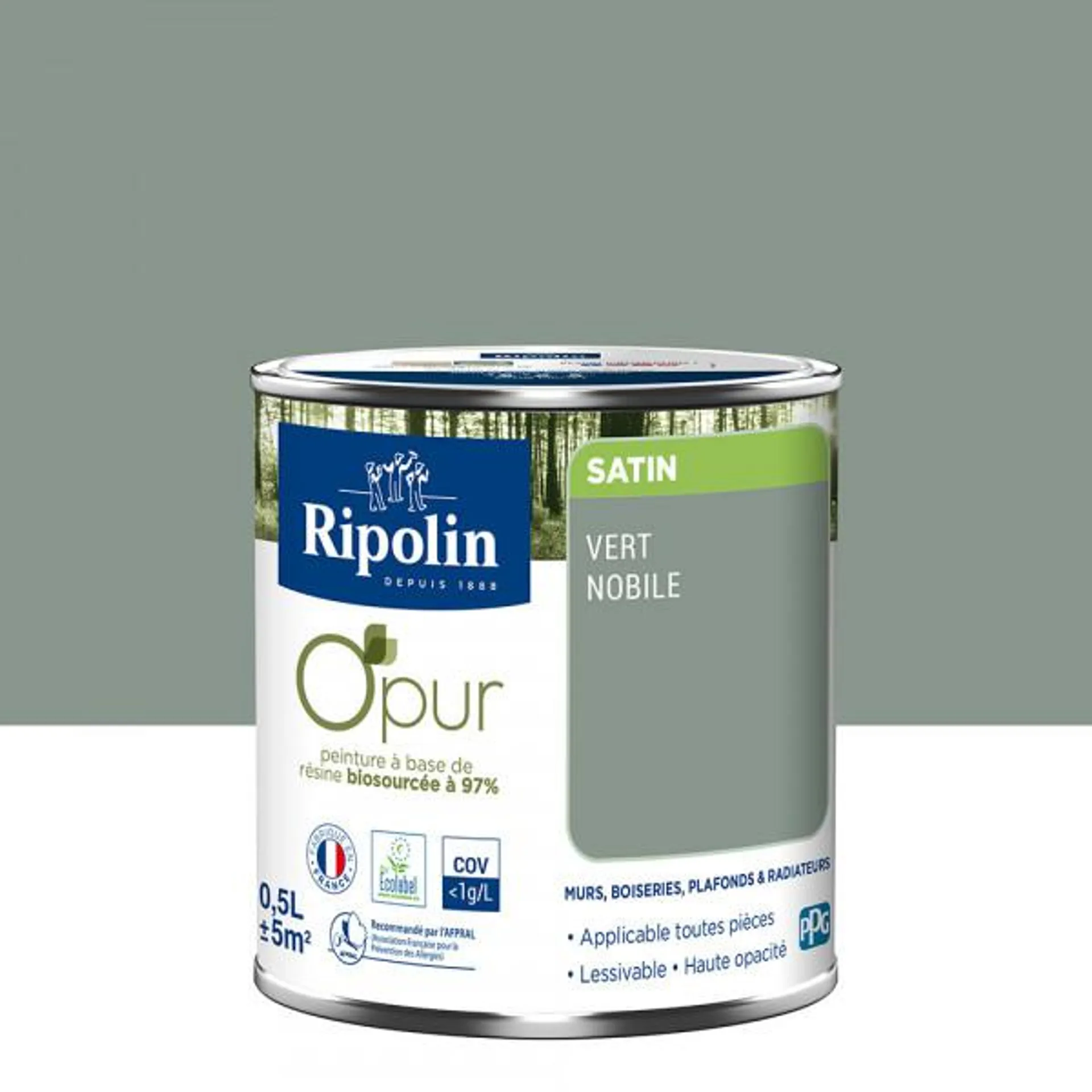 Peinture RIPOLIN Opur bio sourcée multi-supports vert nobile satin 0.5L