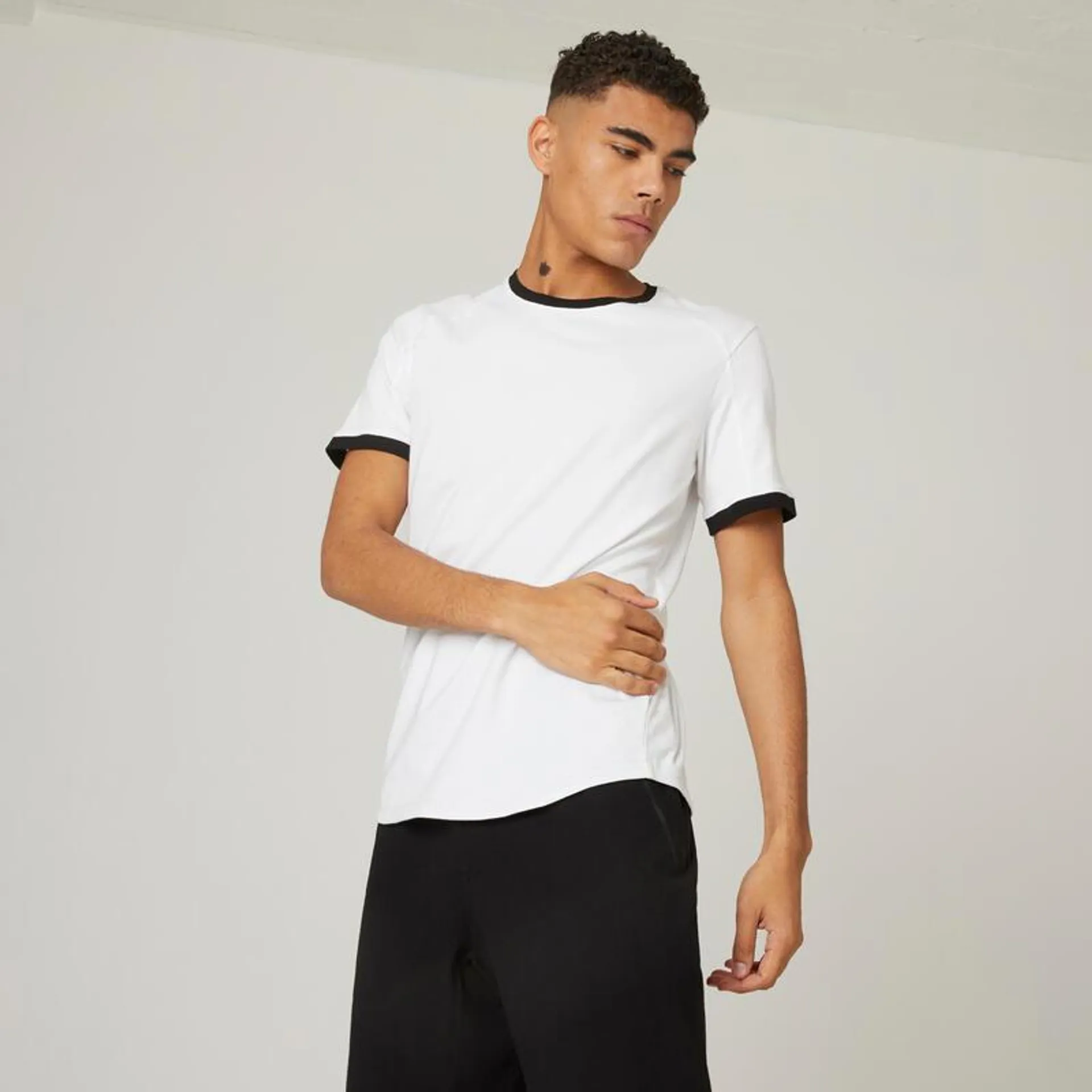 T-shirt fitness manches courtes slim coton col rond homme blanc glacier / noir
