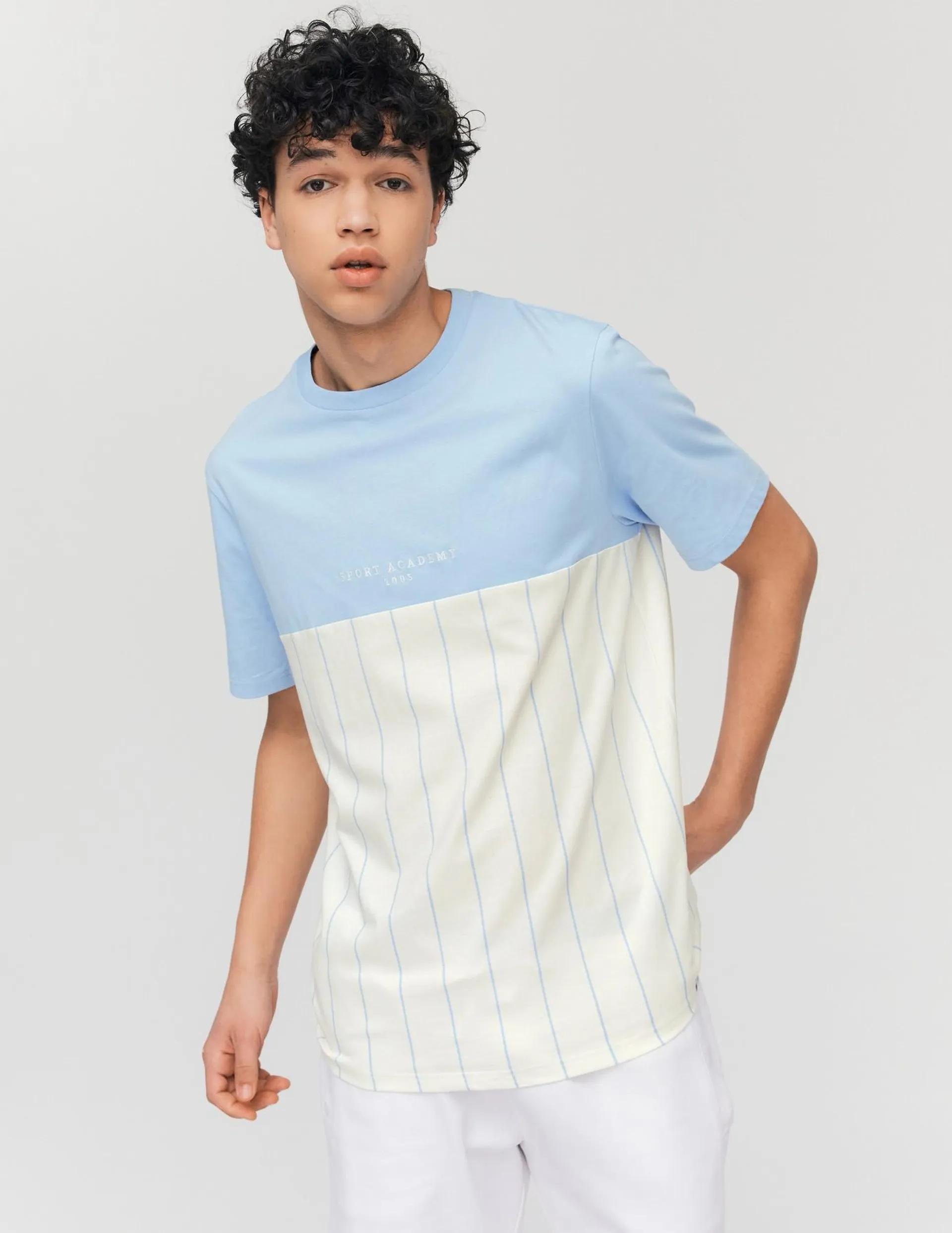 T-shirt rayé colorblock - Bleu clair