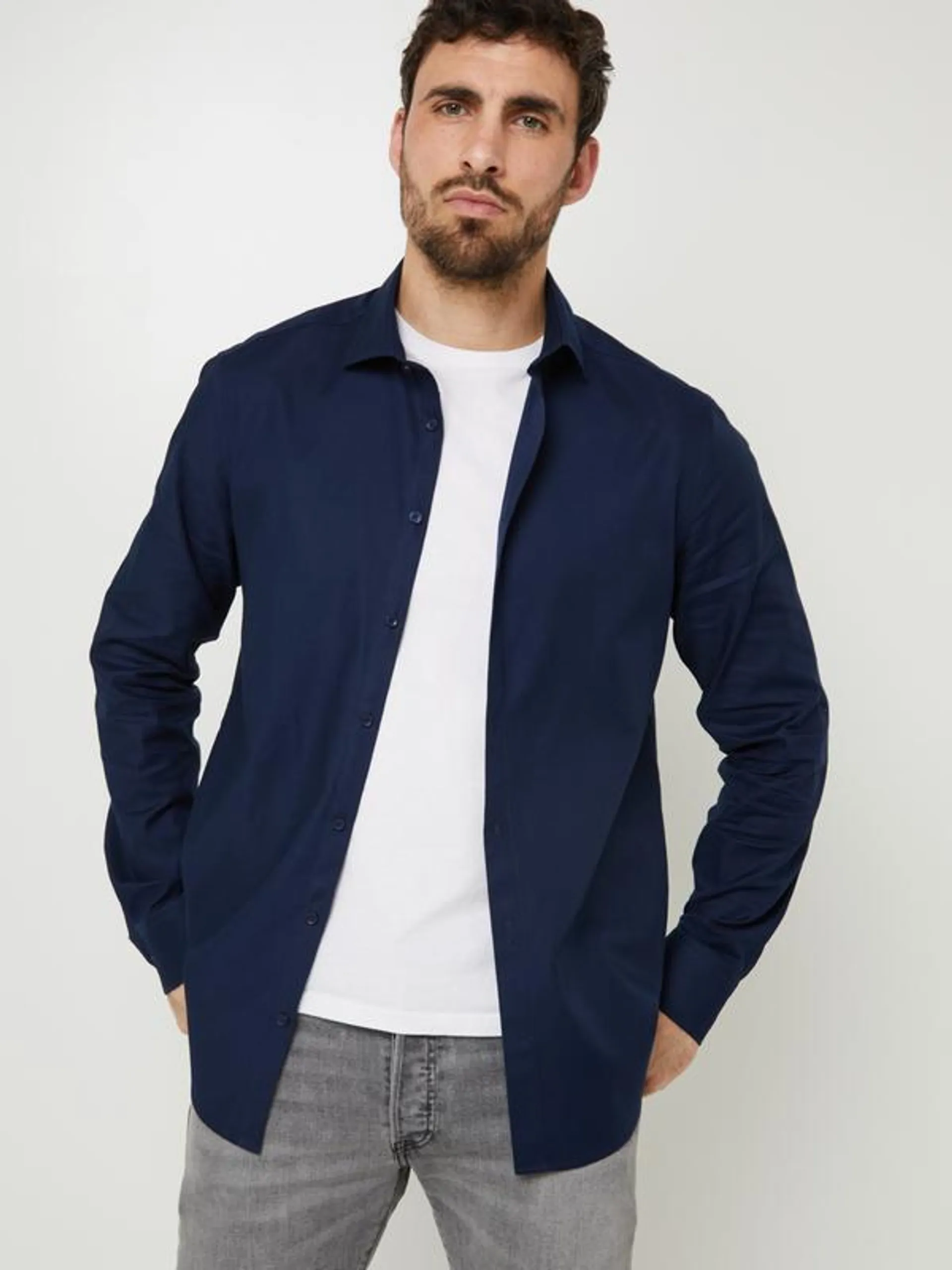 Chemise De Ville Slim En Tissu Piqué Uni - Bleu marine