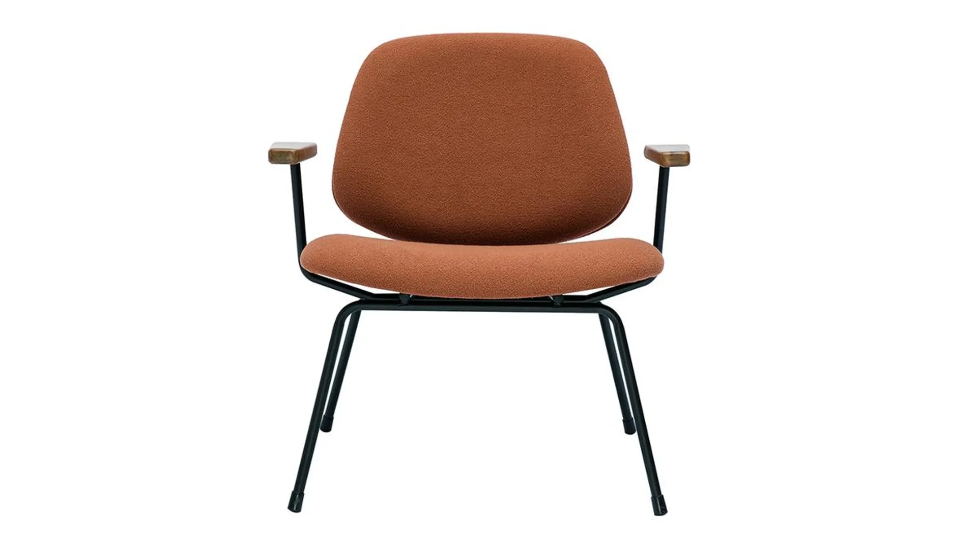 Fauteuil design en tissu effet laine bouclée terre brûlée, métal noir et bois foncé BARNET