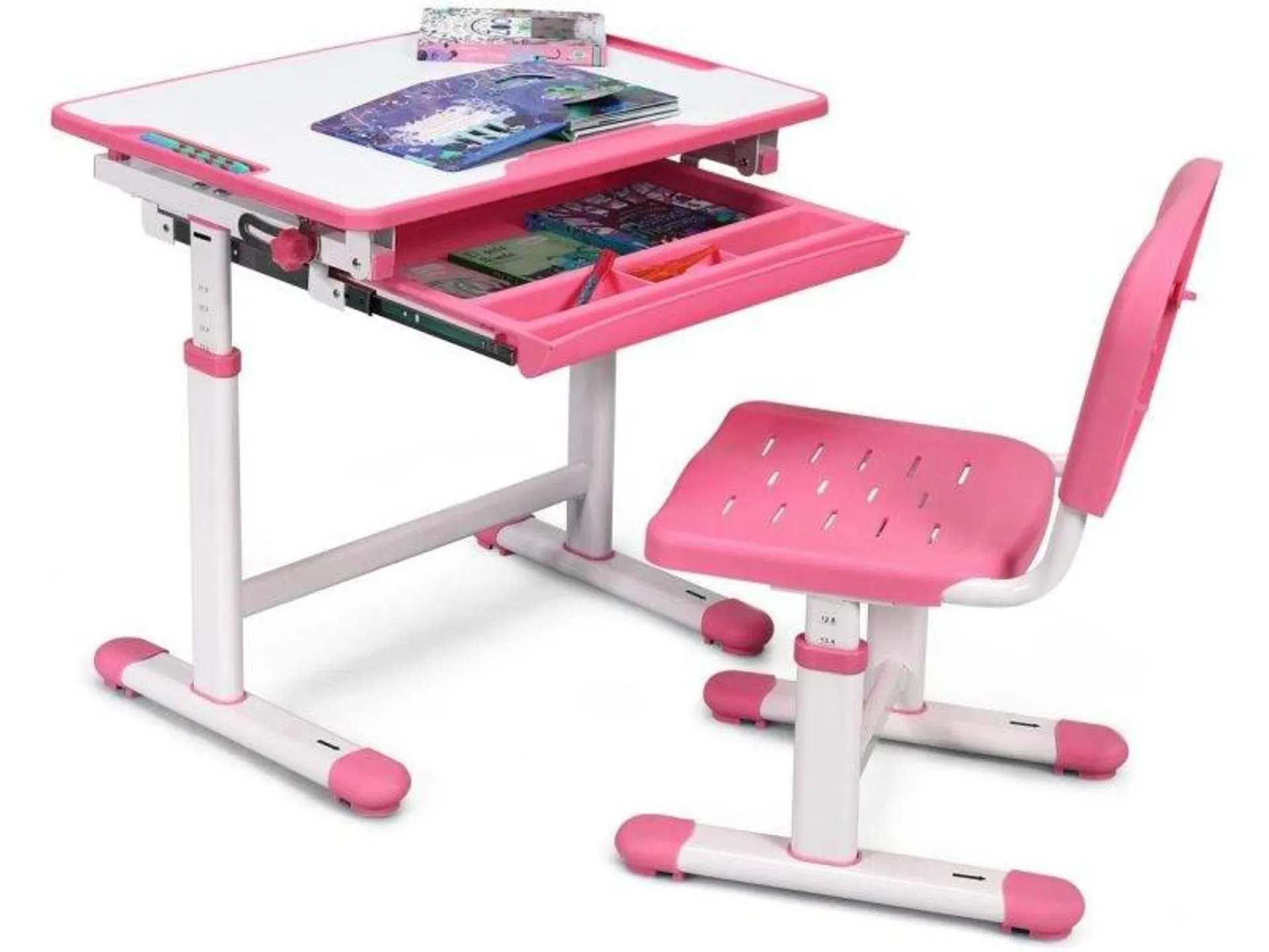 Costway ensemble bureau et chaise pour enfant avec hauteur réglable et table inclinable, avec tiroir et crochet sur côté pour les sacs à dos, encadrement en fer, design ergonomique (rose)