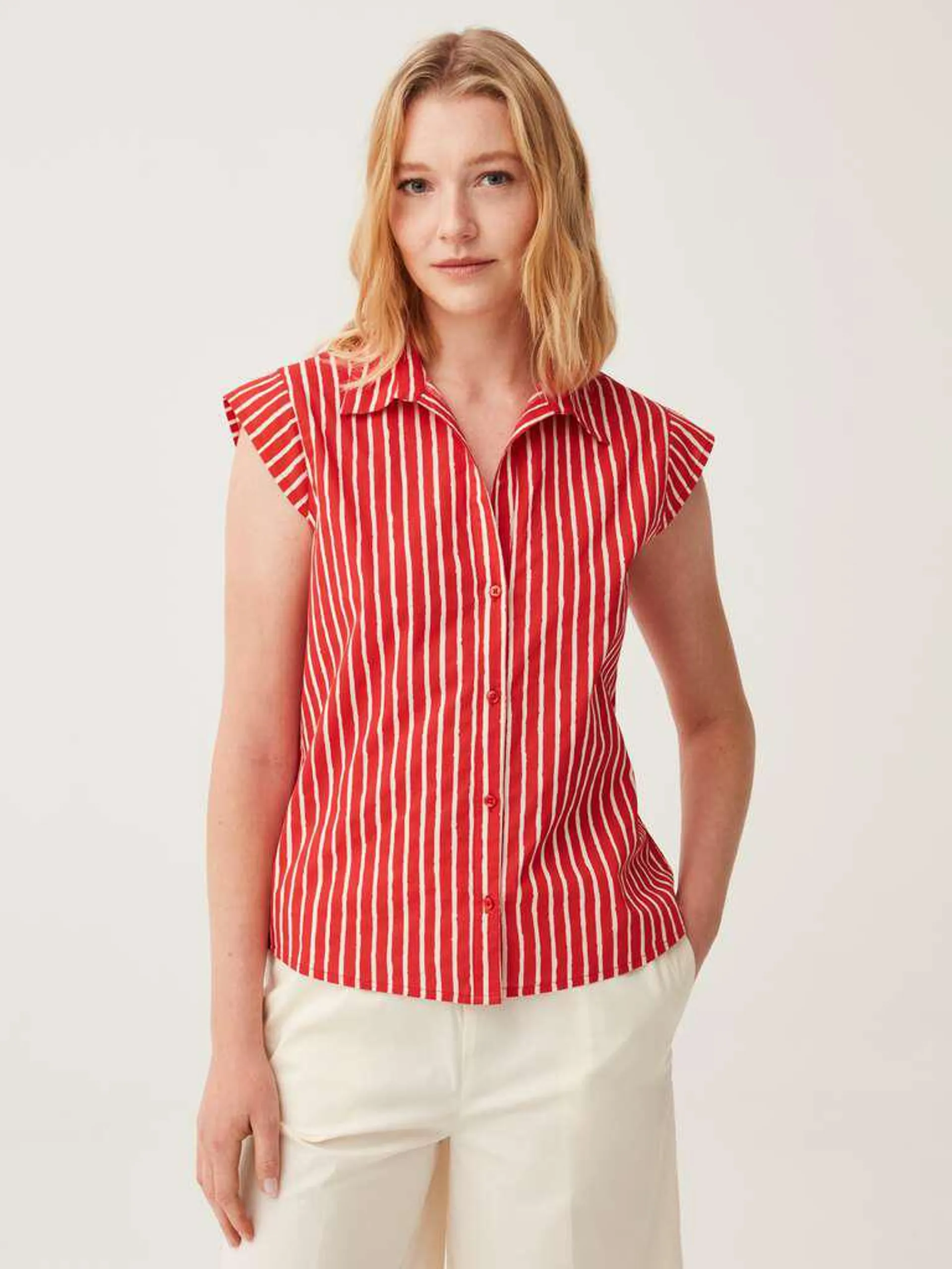 Cotton shirt with cap sleeves Blanc/rouge