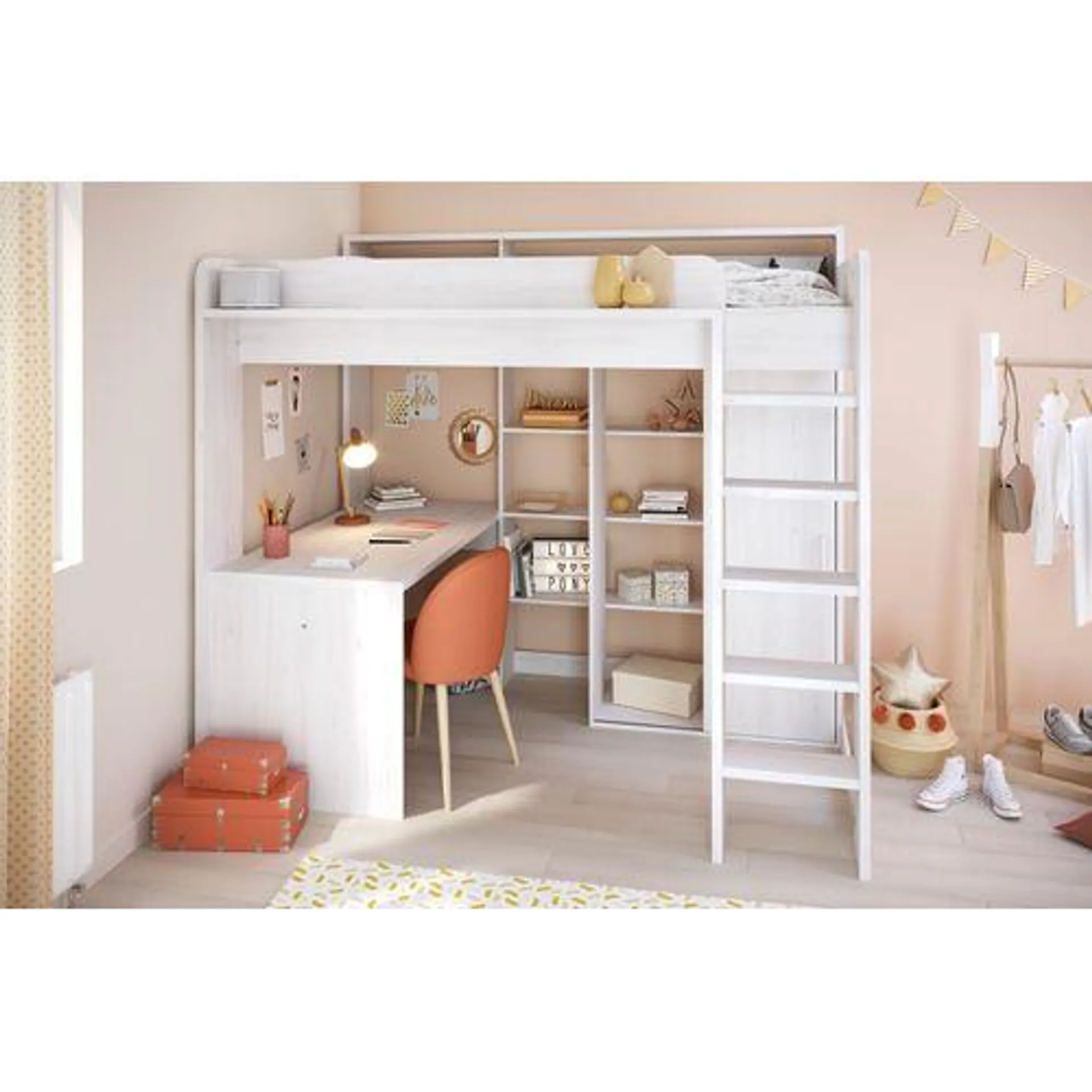 Lit mezzanine 90x200 cm avec armoire et bureau HIGHER Blanc