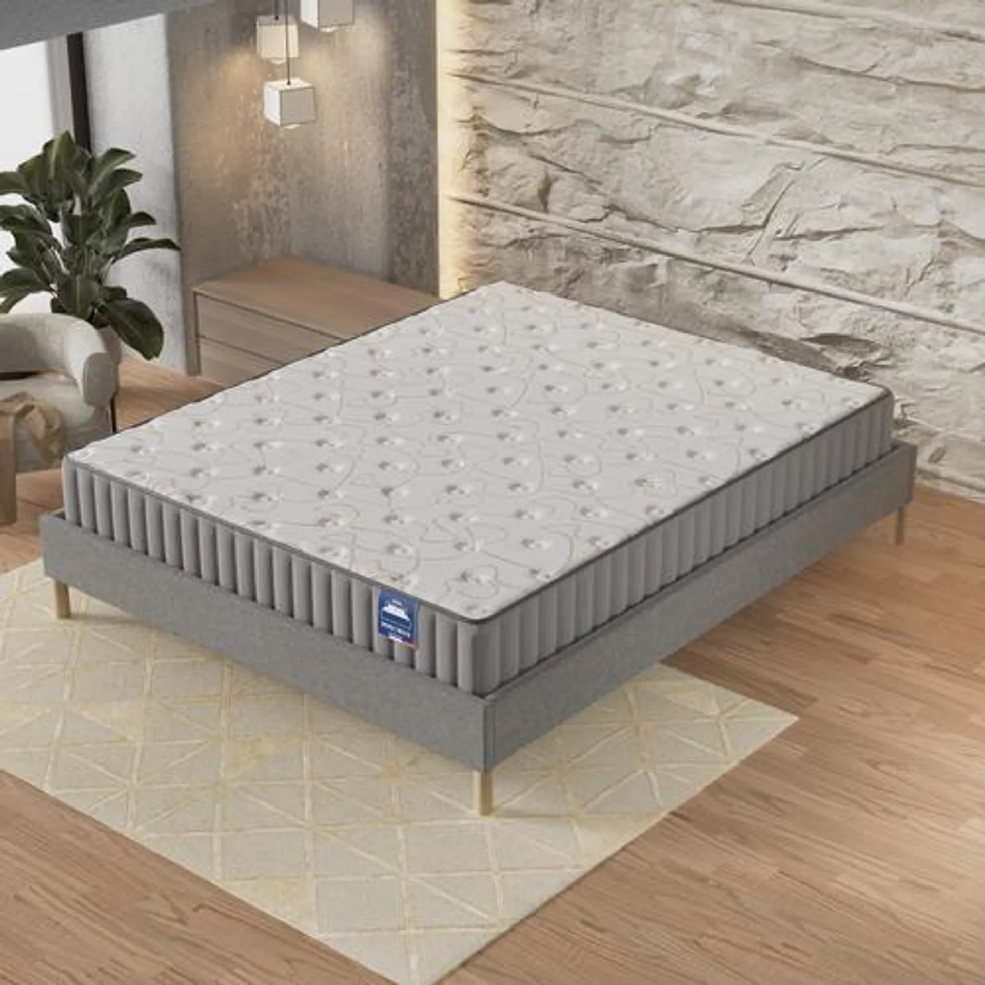 SENSOREVE Ensemble Matelas Mousse + Sommier 140x190 Cm, Orionis 16cm D’épaisseur Et Sommier Tissu Gris