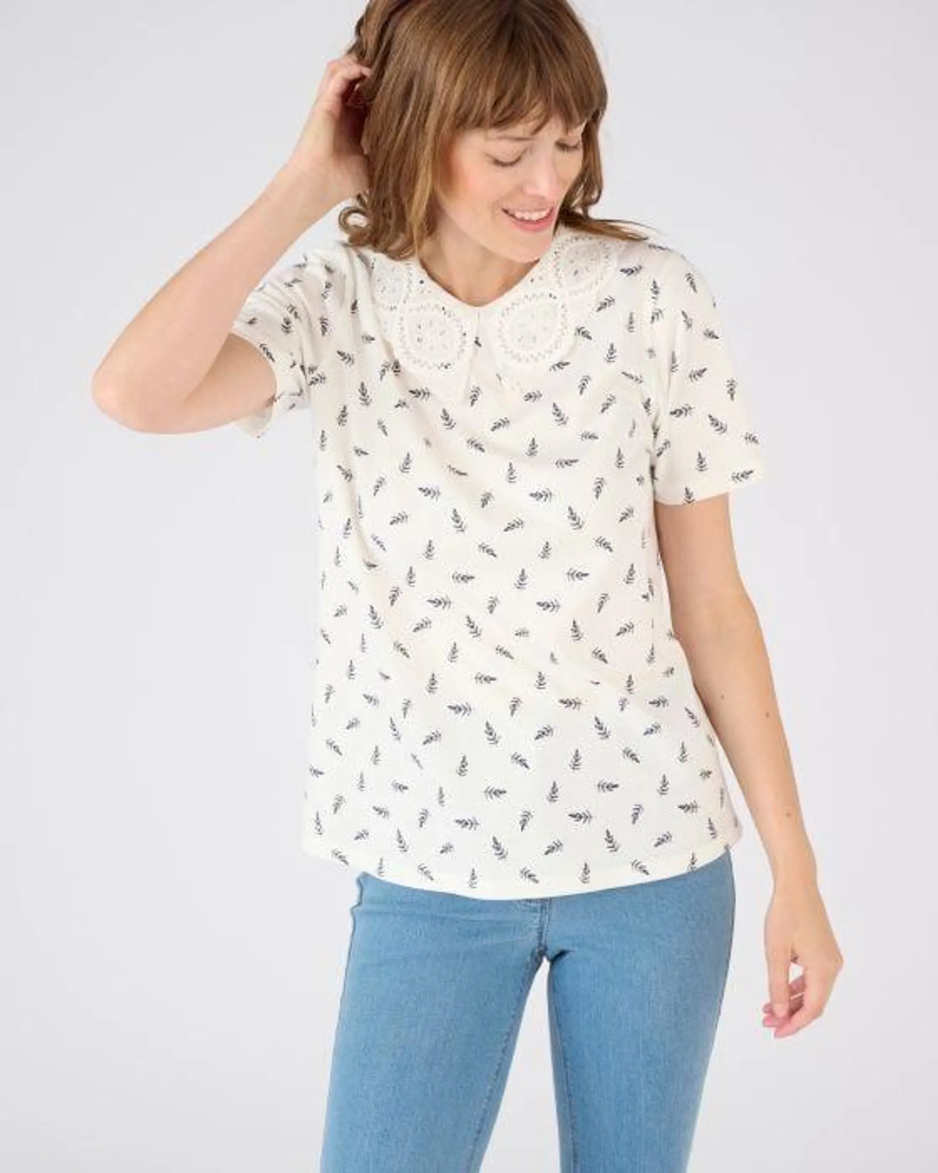 Tee-shirt col broderie anglaise