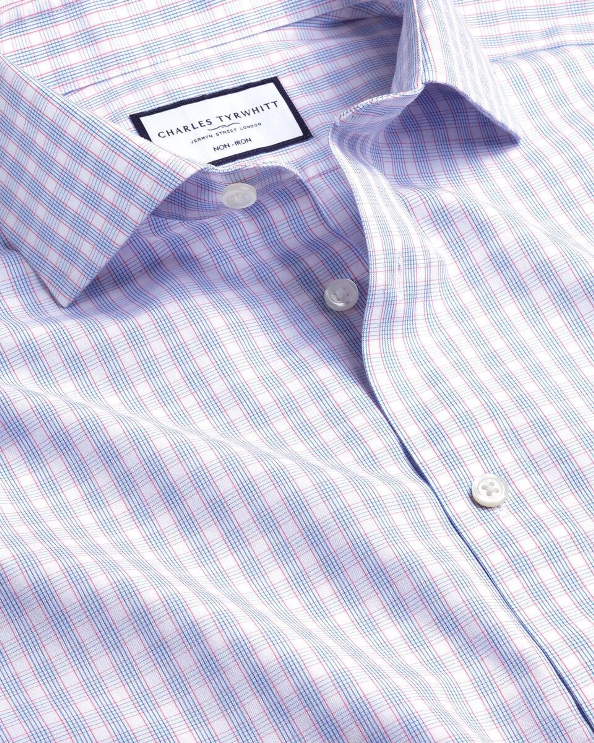 details about product: Cutaway Collar Non-Iron Poplin Multi Check Shirt - Cornflower Blue