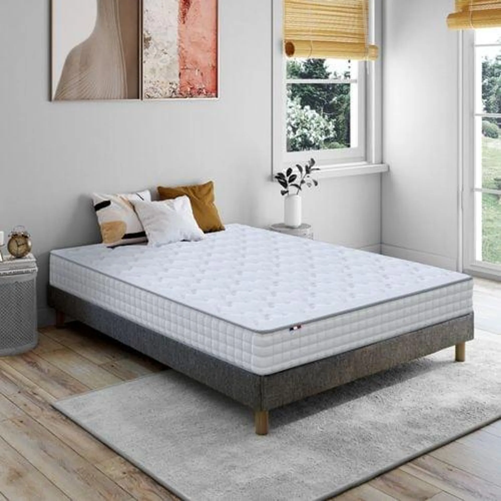 IDLITERIE Pack Prêt A Dormir Matelas Ressort 160x200 + Sommier Déco Gris + Oreillers + Couette