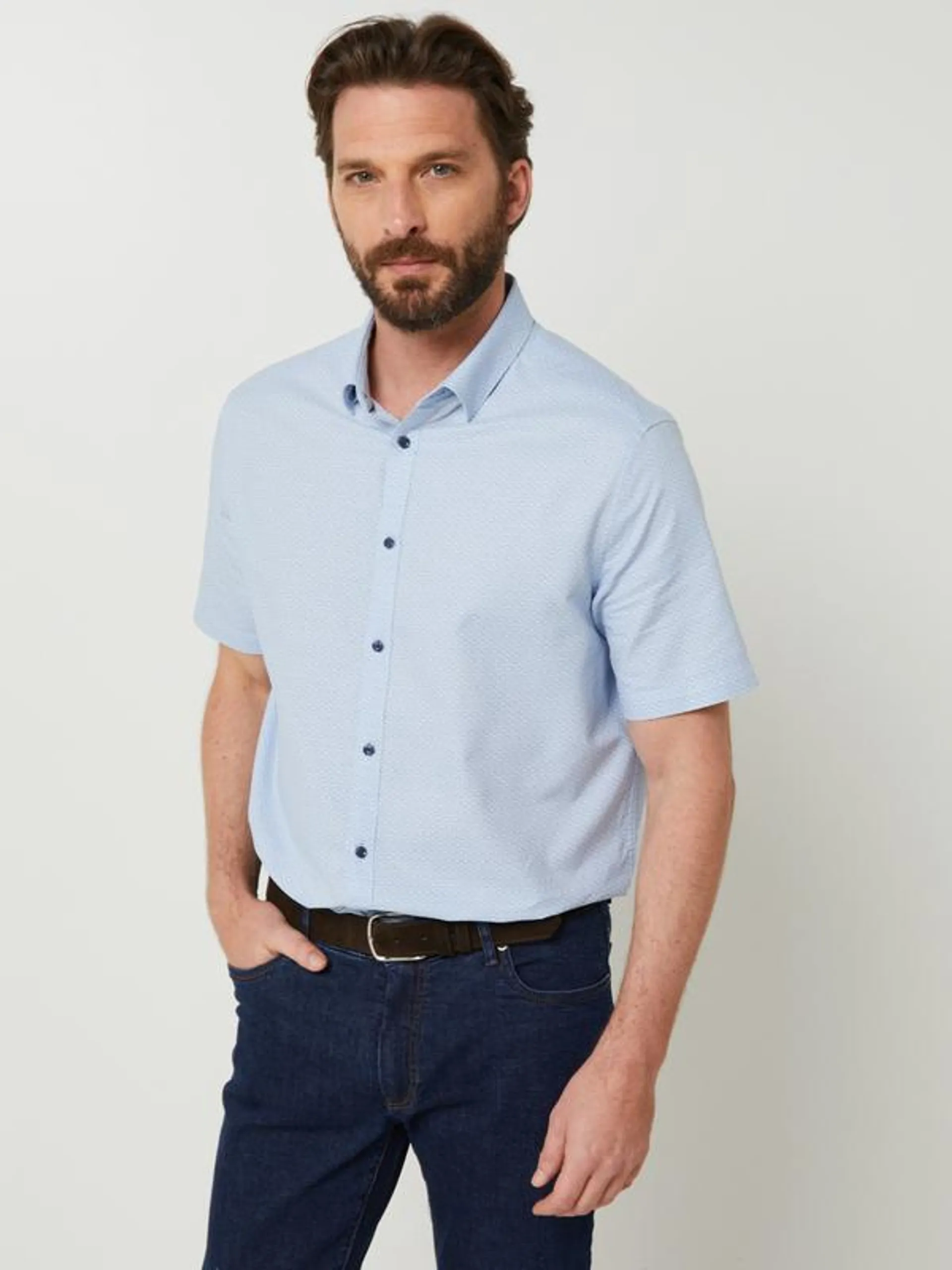 Chemise Manches Courtes En 100% Coton À Imprimé Mini Soleil, Coupe Droite - Bleu ciel