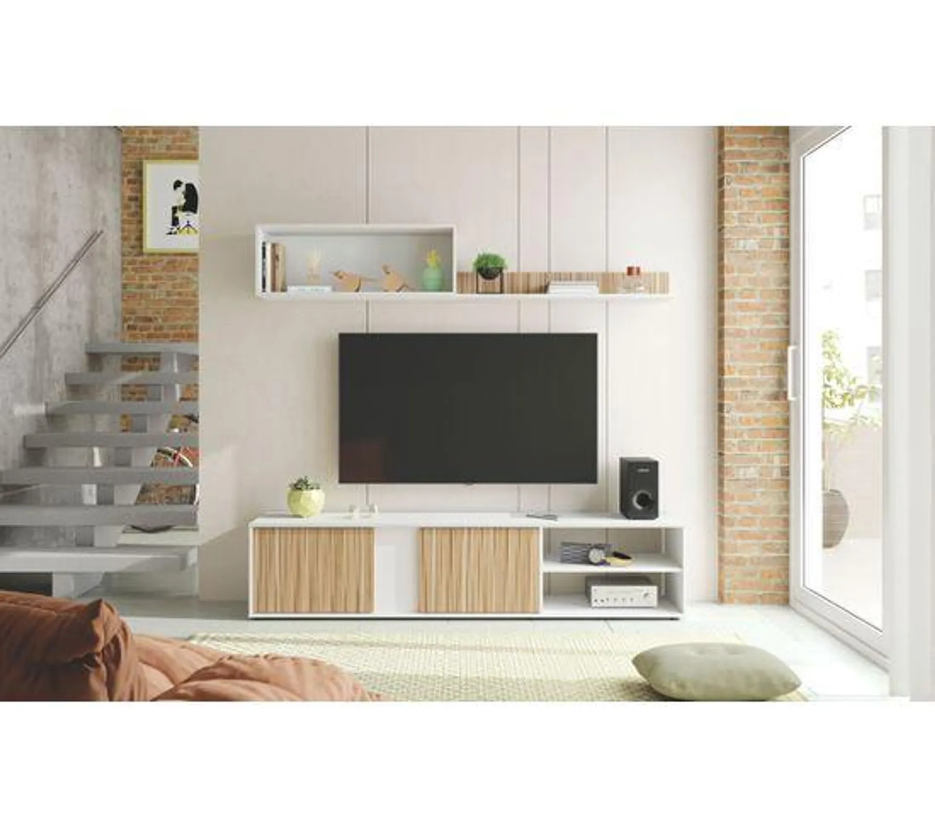 Meuble TV 180 cm ETHNA imitation chêne/ blanc