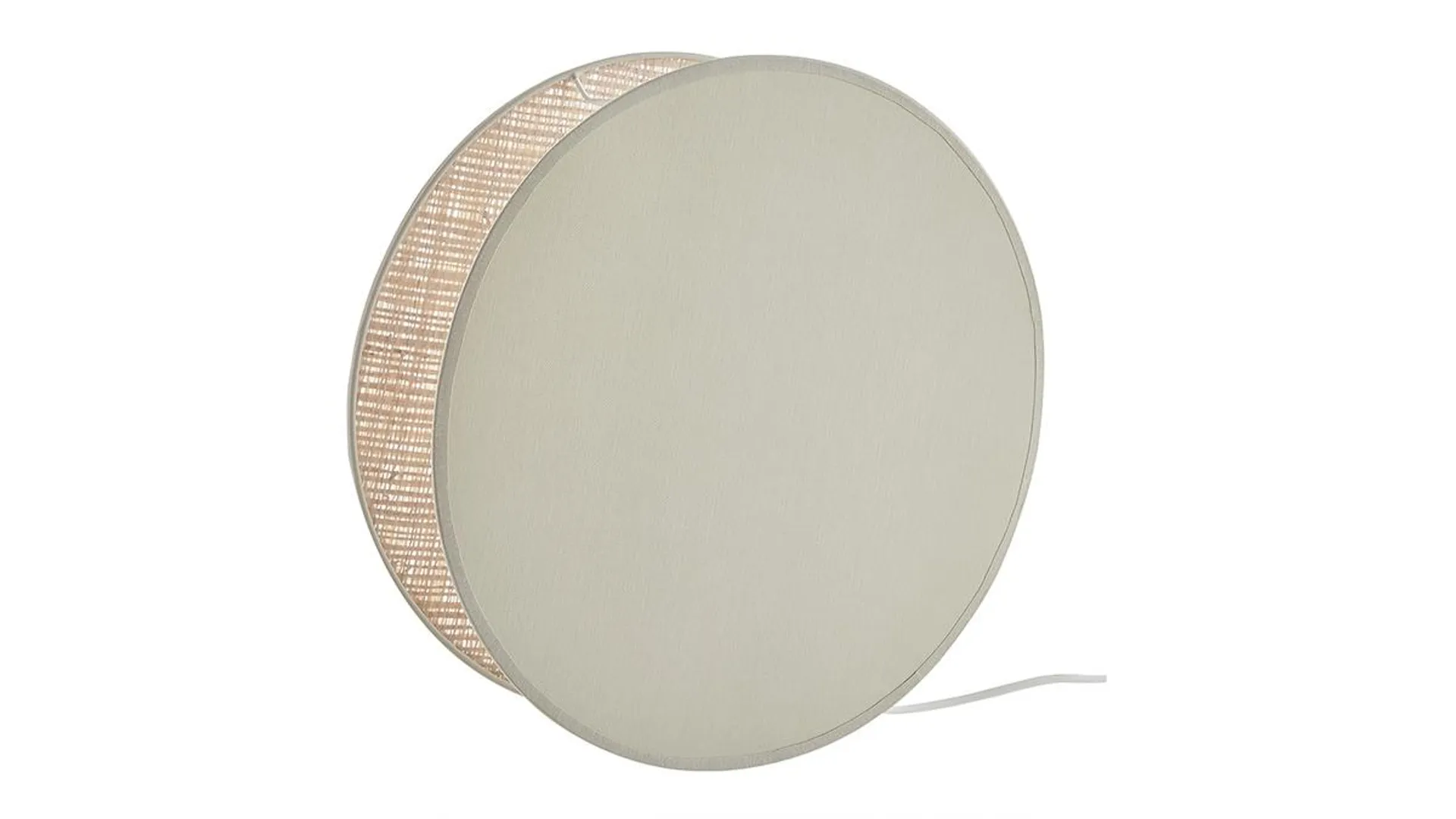 Lampe à poser ronde bi-matière en tissu vert sauge et rabane naturelle D35 cm VERSO