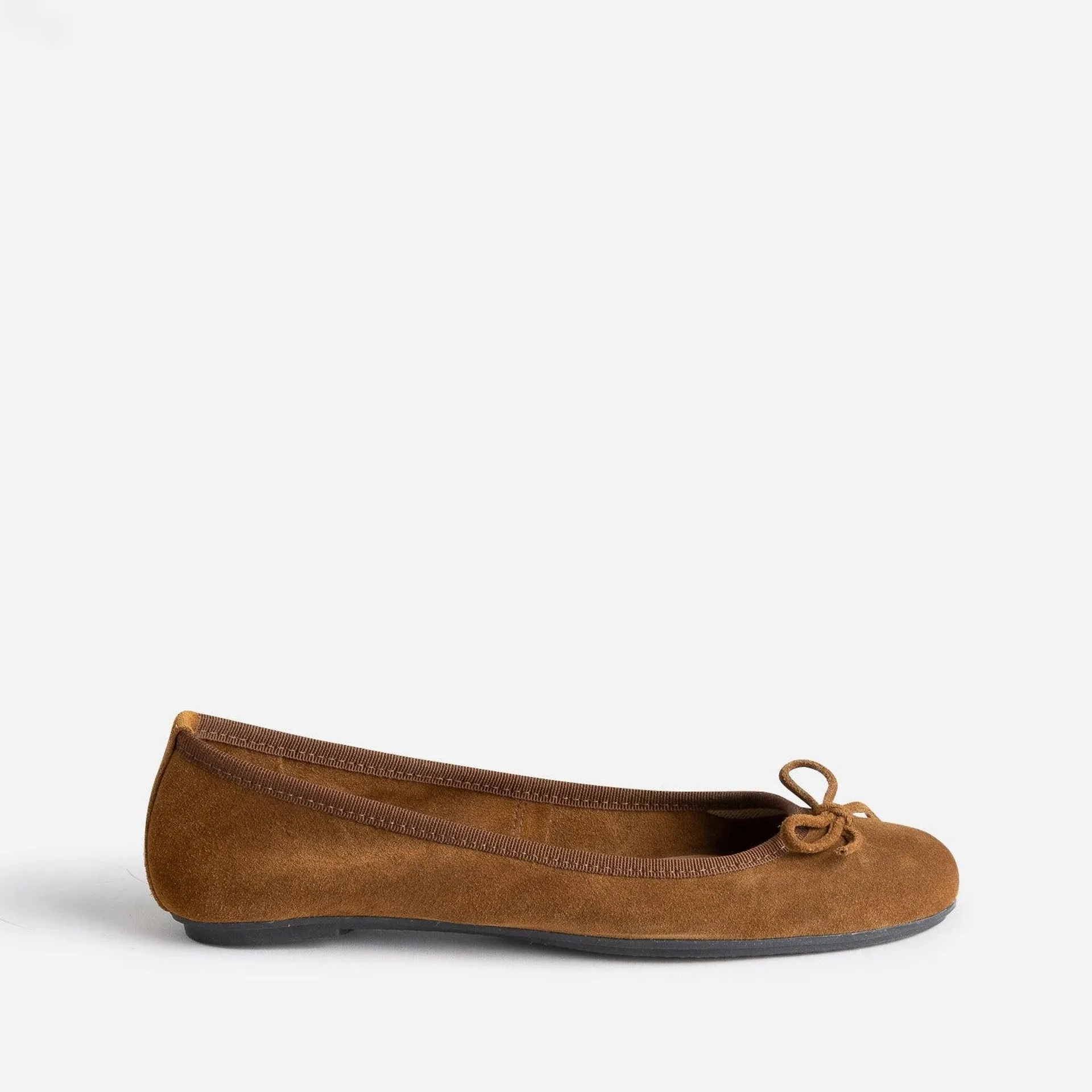 Ballerine cognac en cuir velours à petit nœud