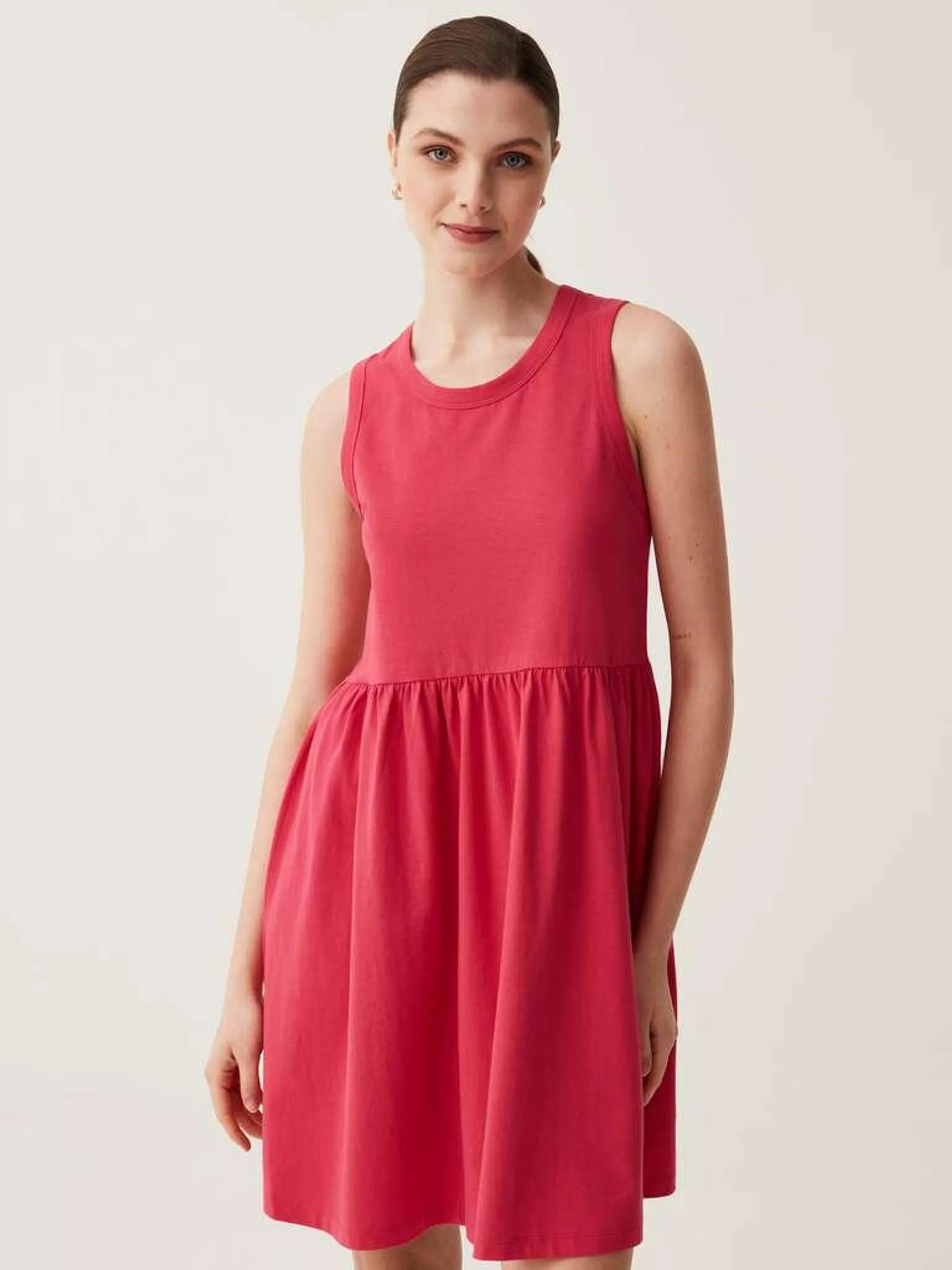 Short sleeveless dress in cotton Fuchsia