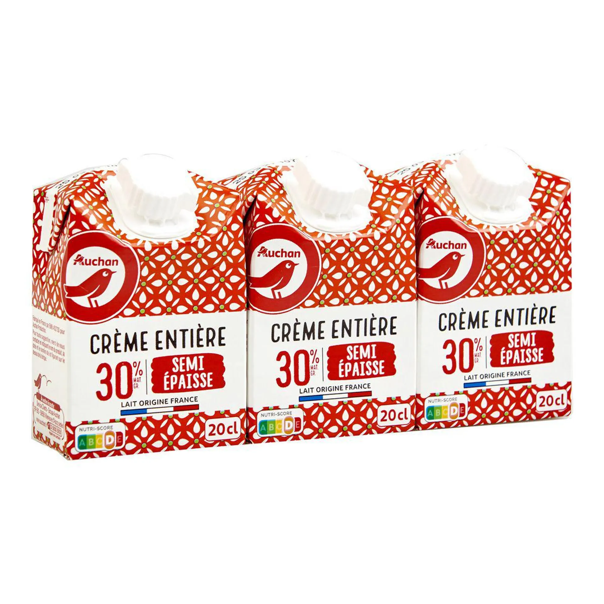 AUCHAN Crème semi-épaisse entière 30%MG UHT 3x20cl