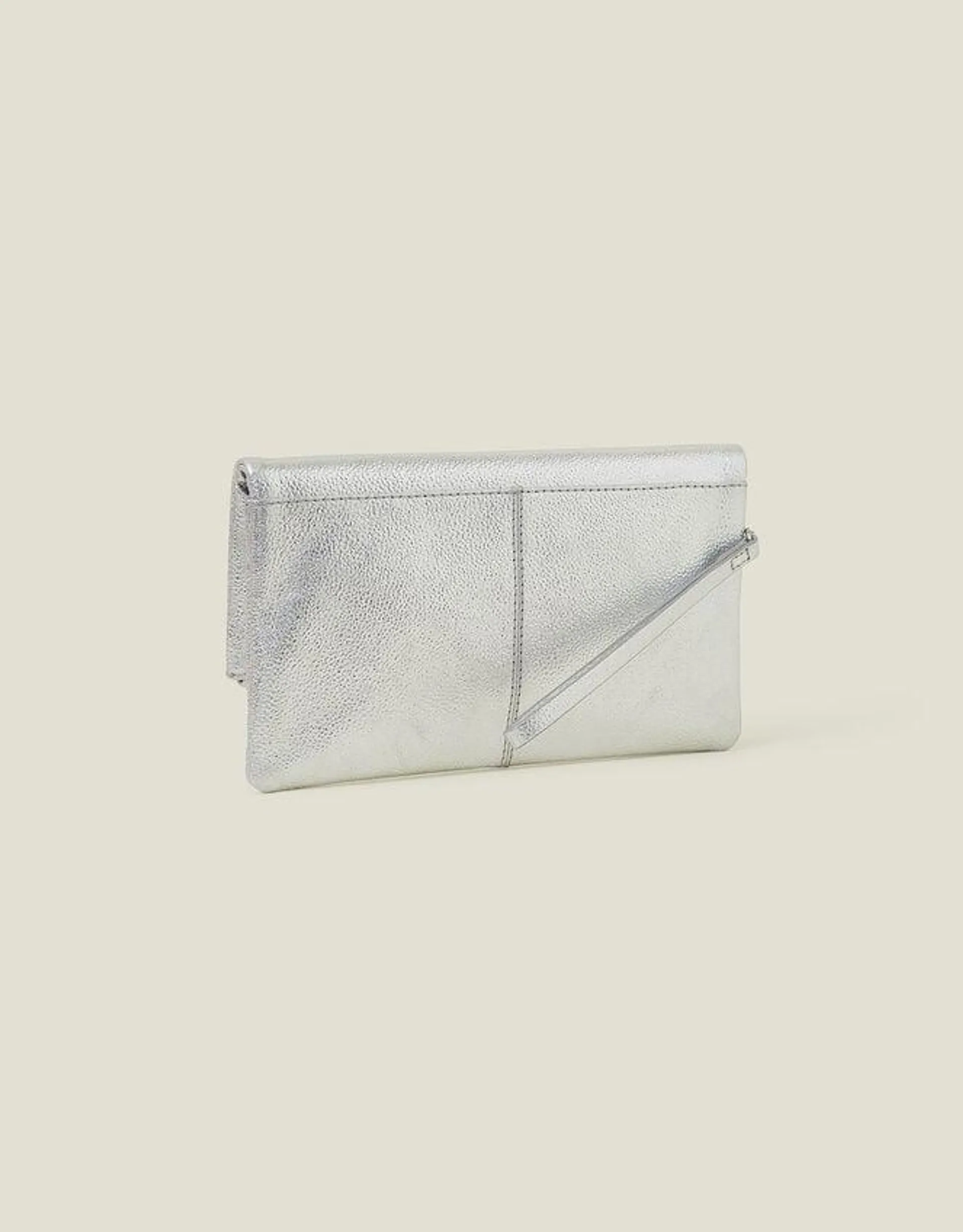 Leather Metallic Fold Over Clutch Silver