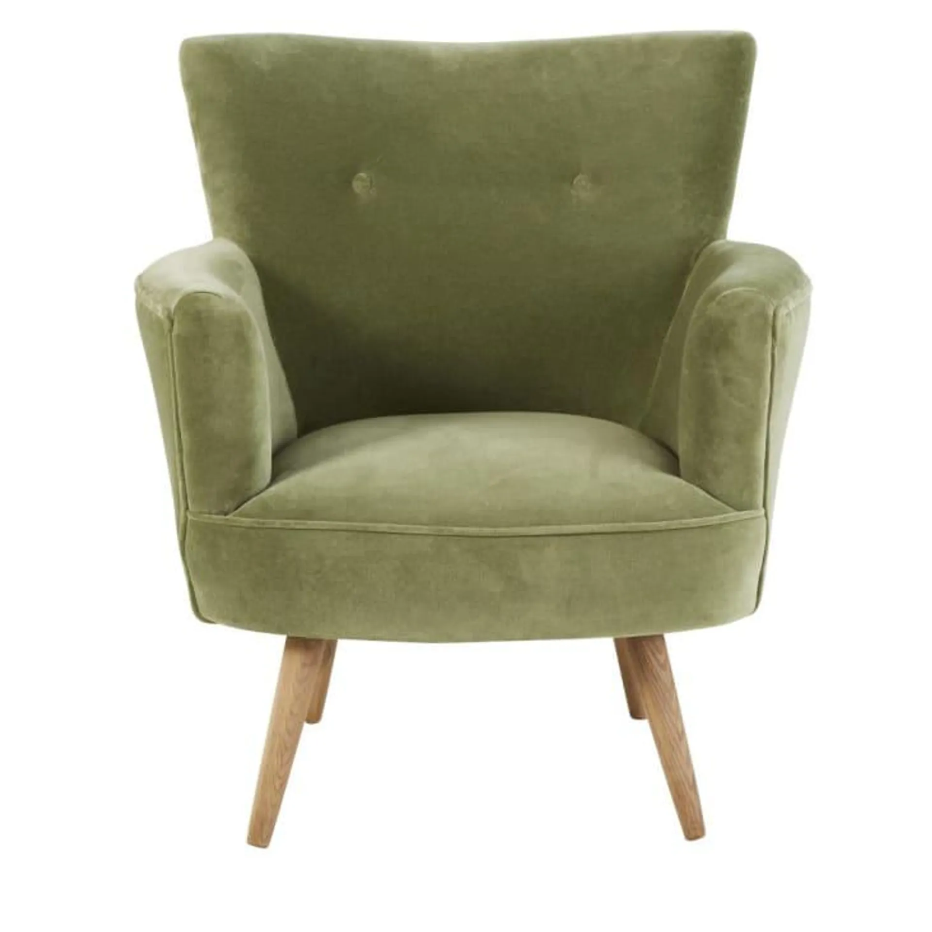 Sillón de terciopelo verde caqui con efecto envejecido