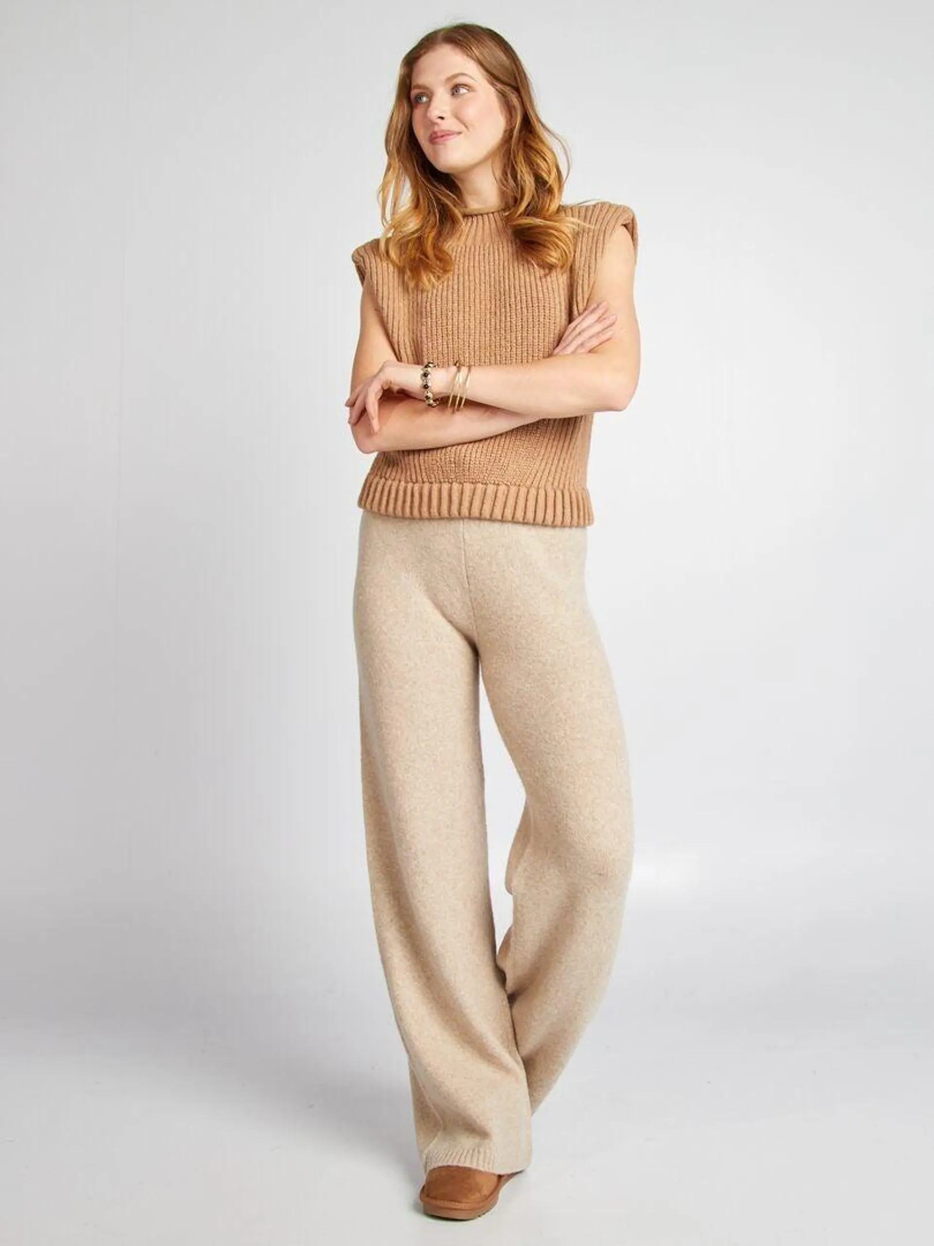 Pantalon large matière pull - Beige