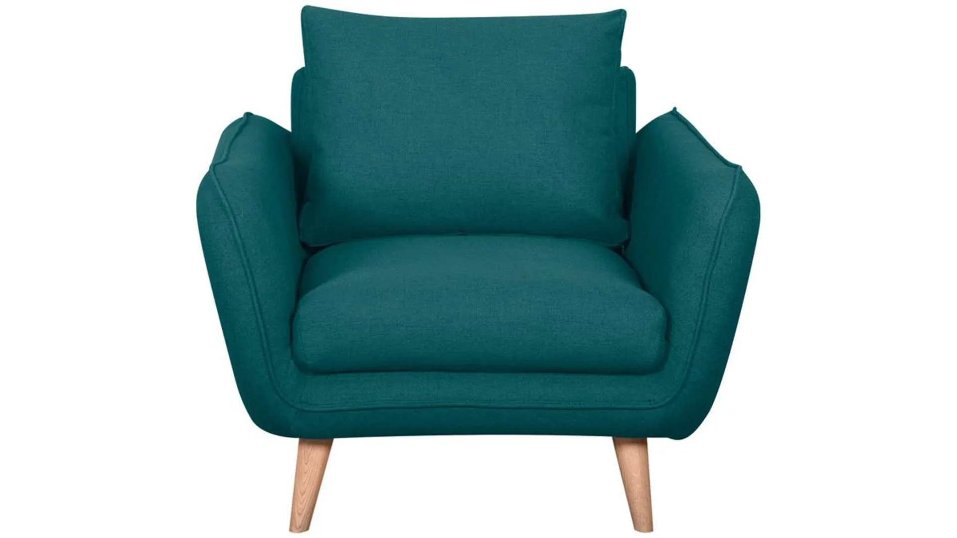 Fauteuil scandinave en tissu bleu paon et bois clair CREEP