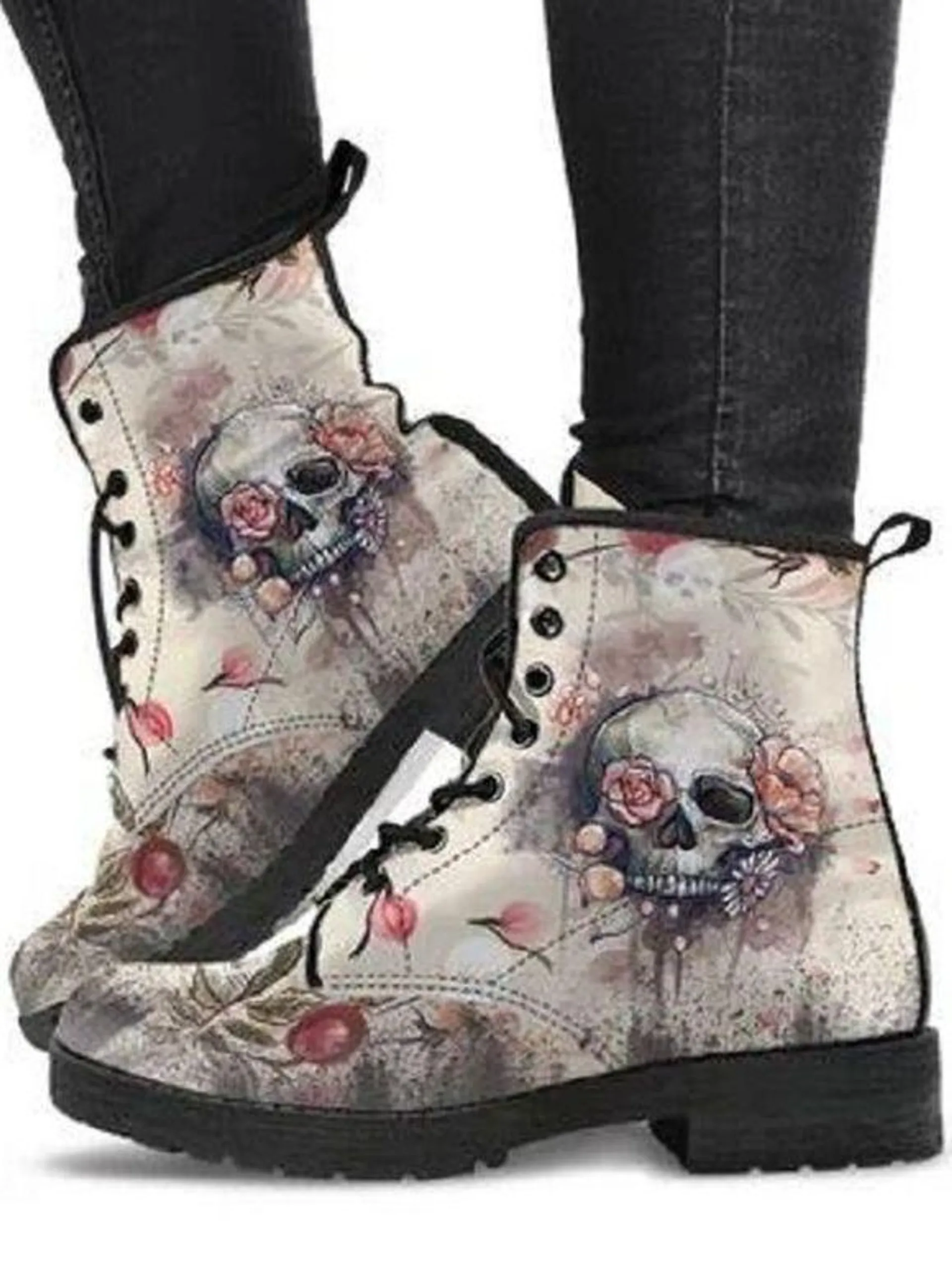 Gothic Boots Skull Flower Pattern Lace Up Thick Heels Matin Boots